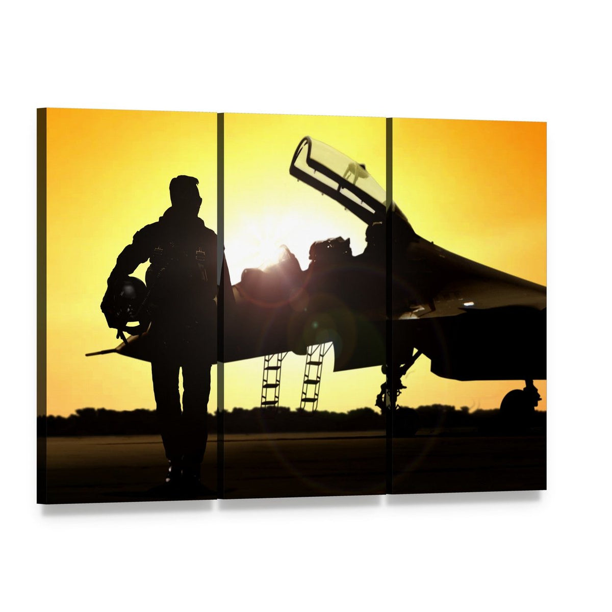 Military Pilot on Airfield Canvas Wall Art, 3 panel 3 Horizontal layout gallery wrapped canvas set, angled product view