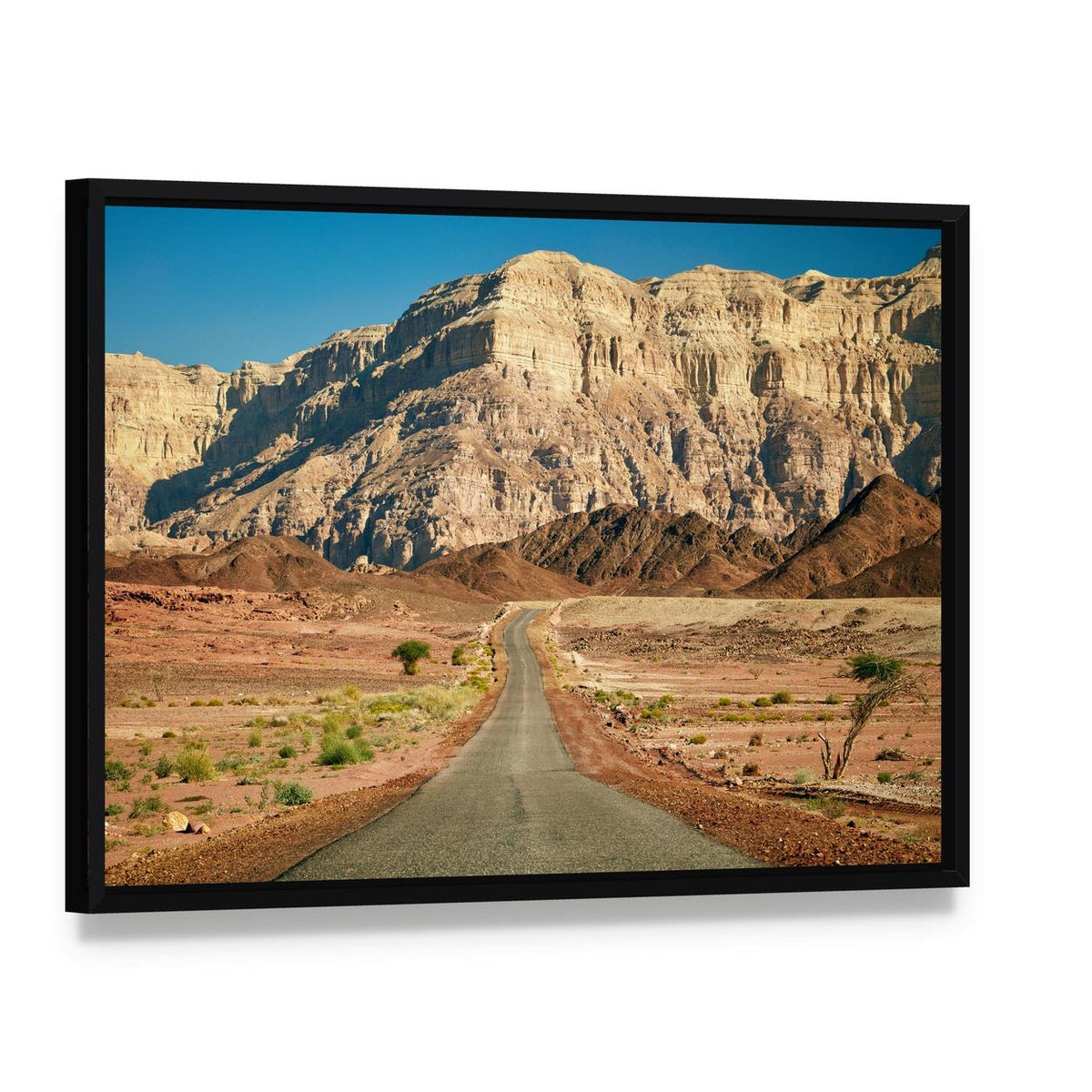 Timna Park Desert Road Landscape Canvas Wall Art, framed canvas in a black floater frame, angled product view