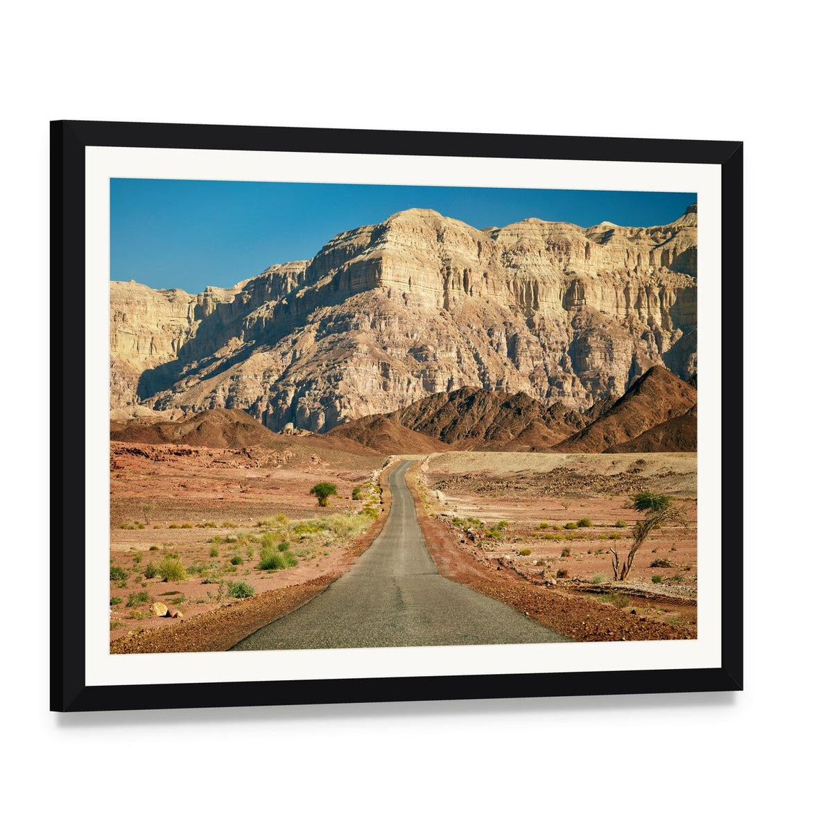 Timna Park Desert Road Landscape Canvas Wall Art, framed print with white mat and black frame, angled product view