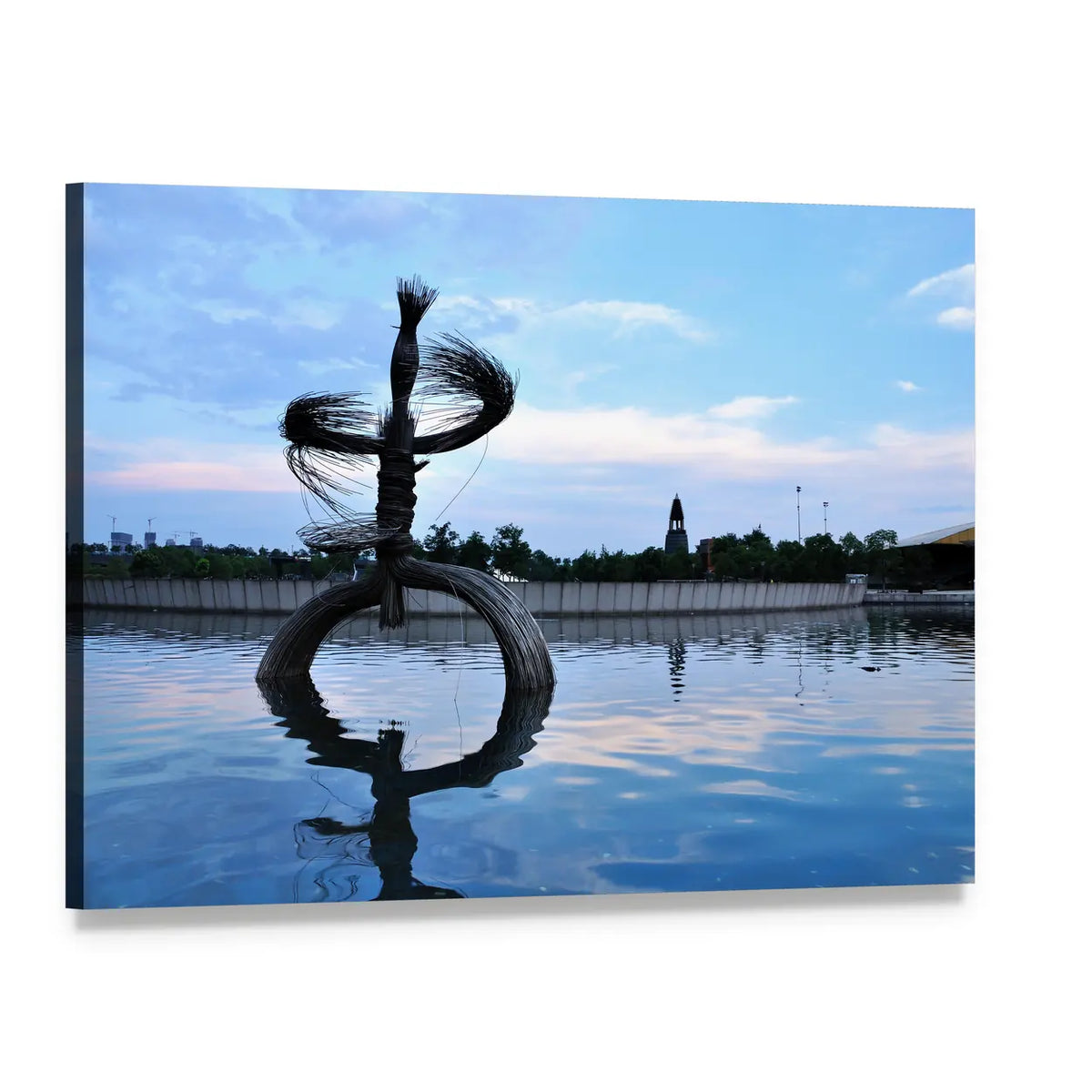 Wire-like Sculpture with Twilight Water Reflection Canvas Wall Art, single panel gallery wrapped canvas, angled product view