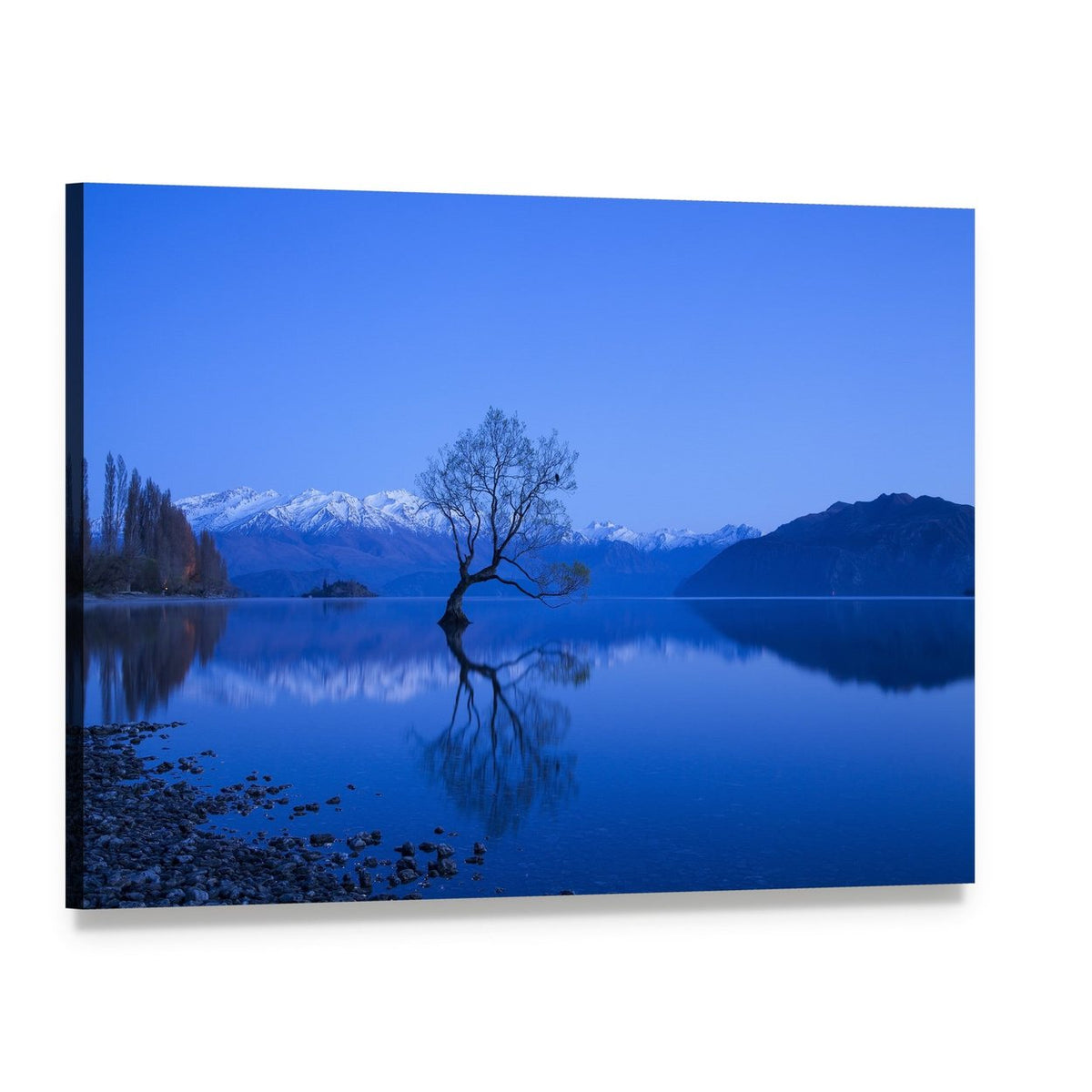Moonlit Tree Over Lake with Snow-capped Peaks Canvas Wall Art, single panel gallery wrapped canvas, angled product view