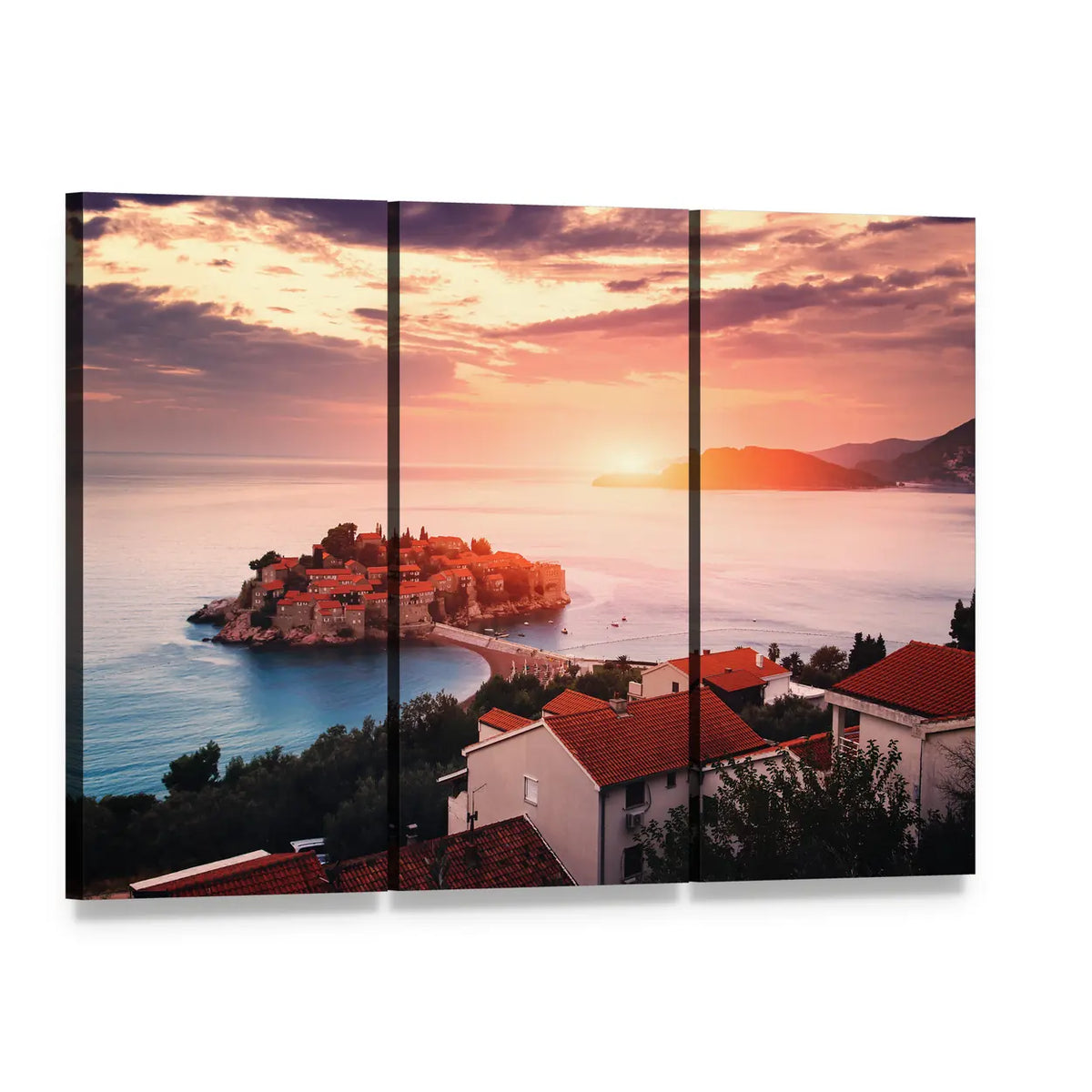 Sveti Stefan Island at Sunrise Canvas Wall Art, 3 panel 3 Horizontal layout gallery wrapped canvas set, angled product view