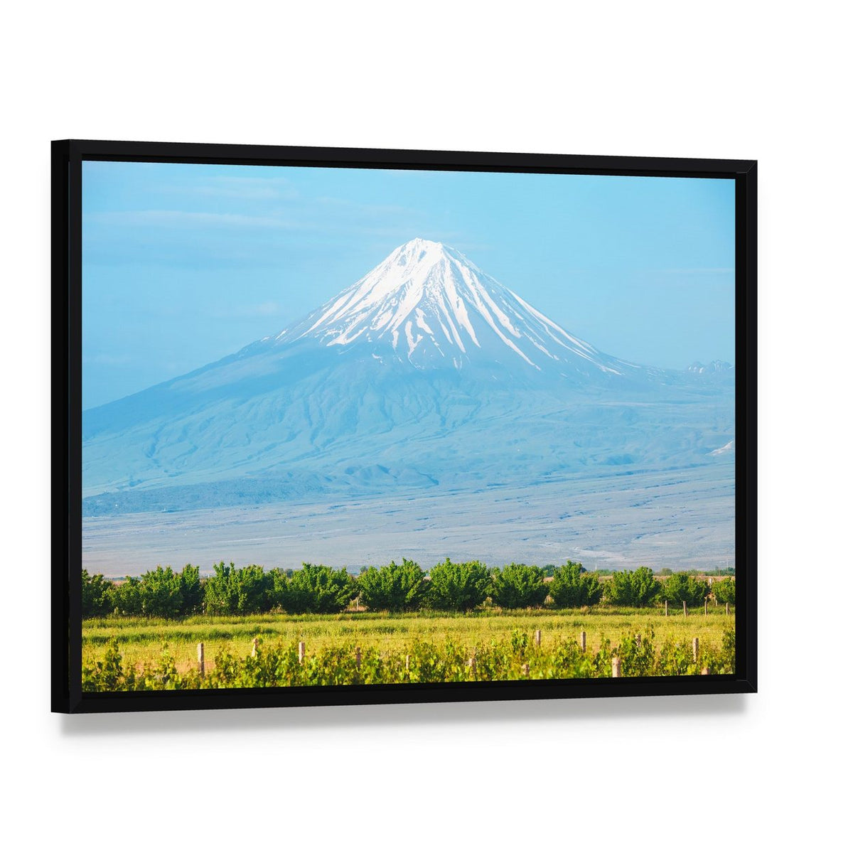 Summer Mountain Landscape with Snow-capped Peak Canvas Wall Art, framed canvas in a black floater frame, angled product view