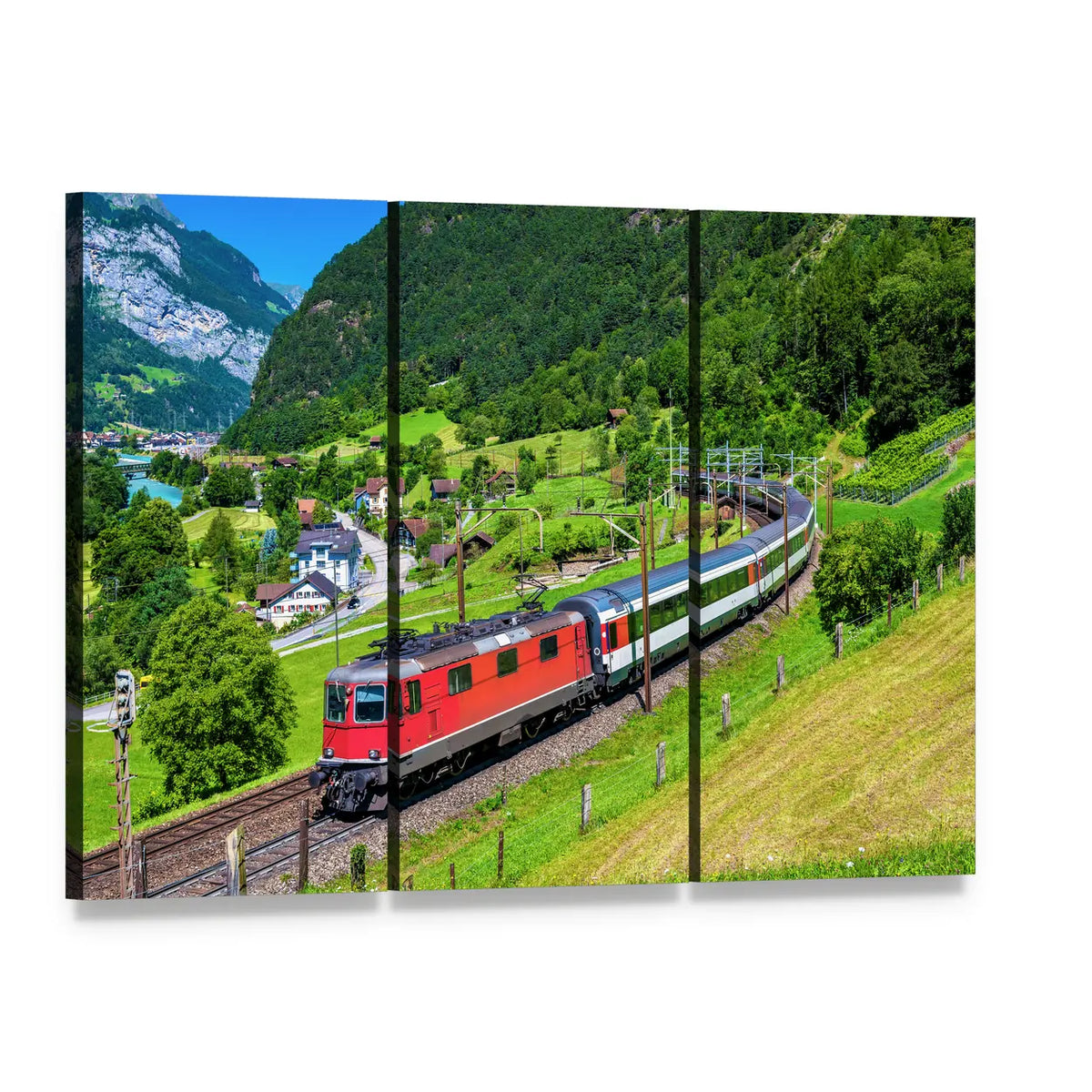 Red Train on Curved Mountain Track Canvas Wall Art, 3 panel 3 Horizontal layout gallery wrapped canvas set, angled product view