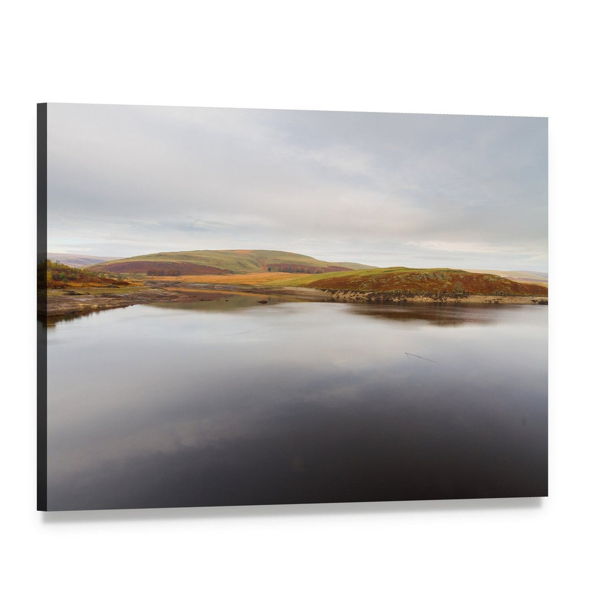 Claerwen Reservoir Reflection Canvas Wall Art, single panel gallery wrapped canvas, angled product view