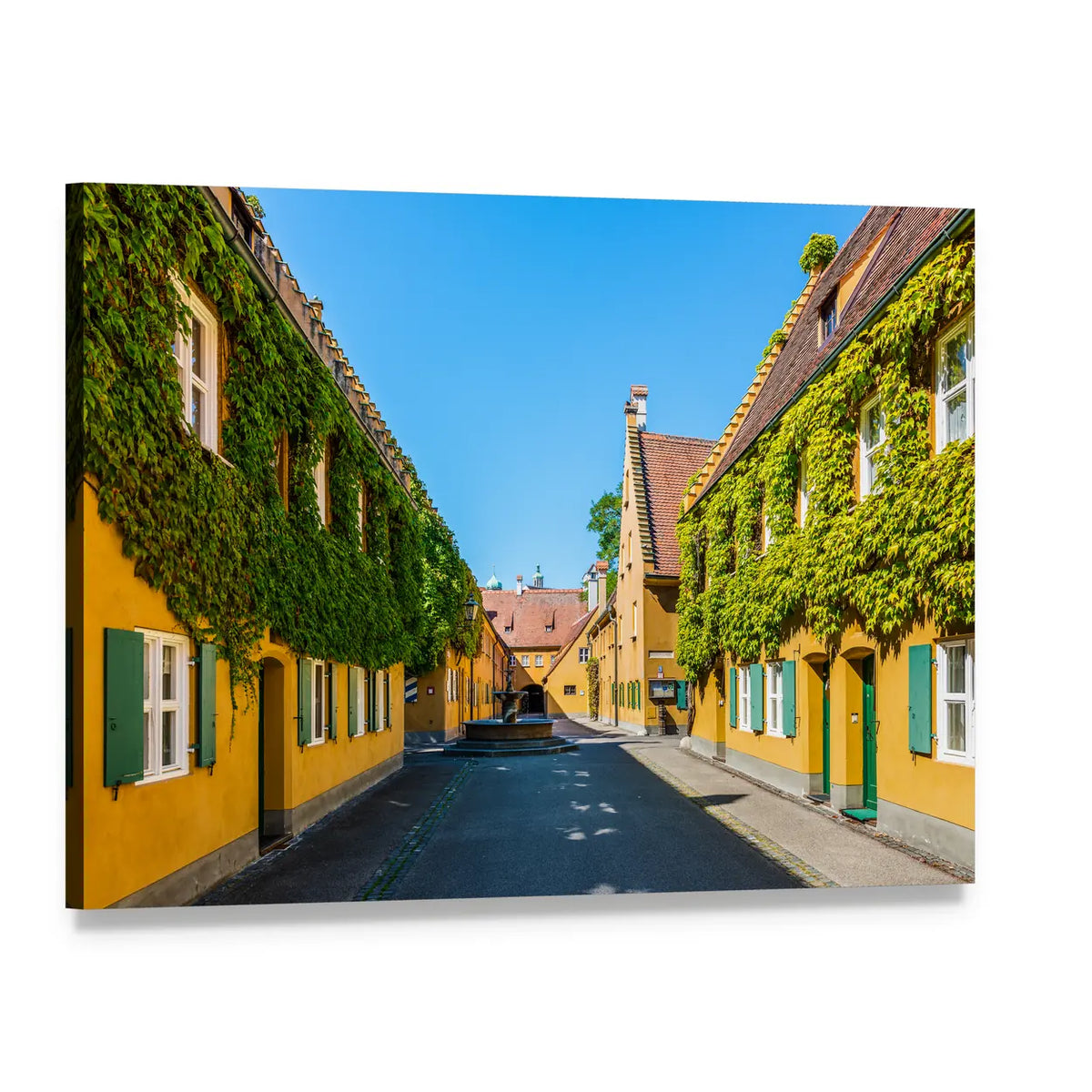 Yellow Buildings with Ivy on Cobblestone Street Canvas Wall Art, single panel gallery wrapped canvas, angled product view