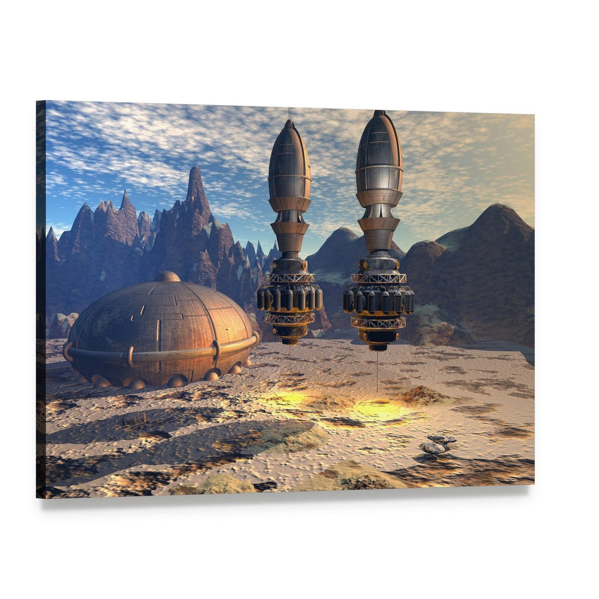 Alien Spaceship on Deep Planet Canvas Wall Art, single panel gallery wrapped canvas, angled product view