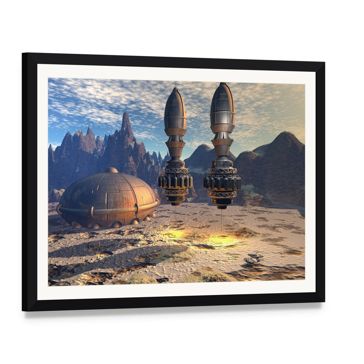 Alien Spaceship on Deep Planet Canvas Wall Art, framed print with white mat and black frame, angled product view