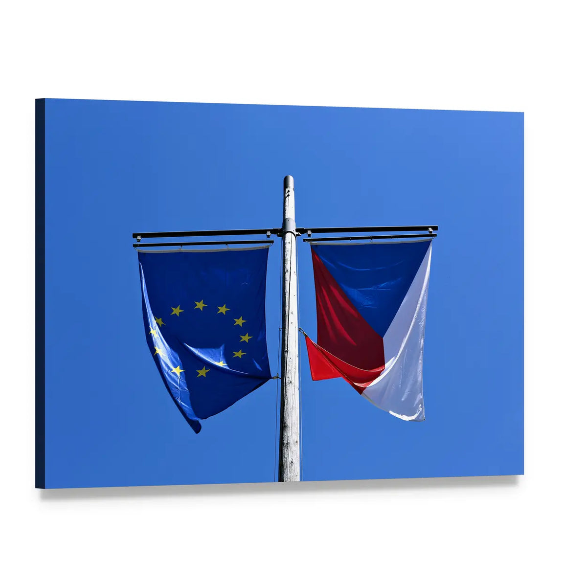 European Union and Czech Republic Flags Canvas Wall Art, single panel gallery wrapped canvas, angled product view