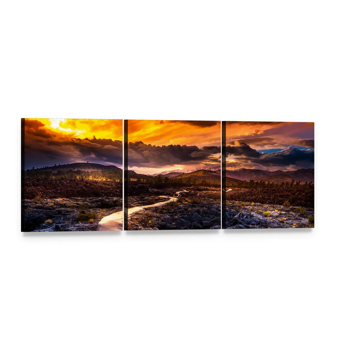 Caves Trail at Sunset Panoramic Canvas Wall Art, 3 panel 3 Piece layout gallery wrapped canvas set, angled product view