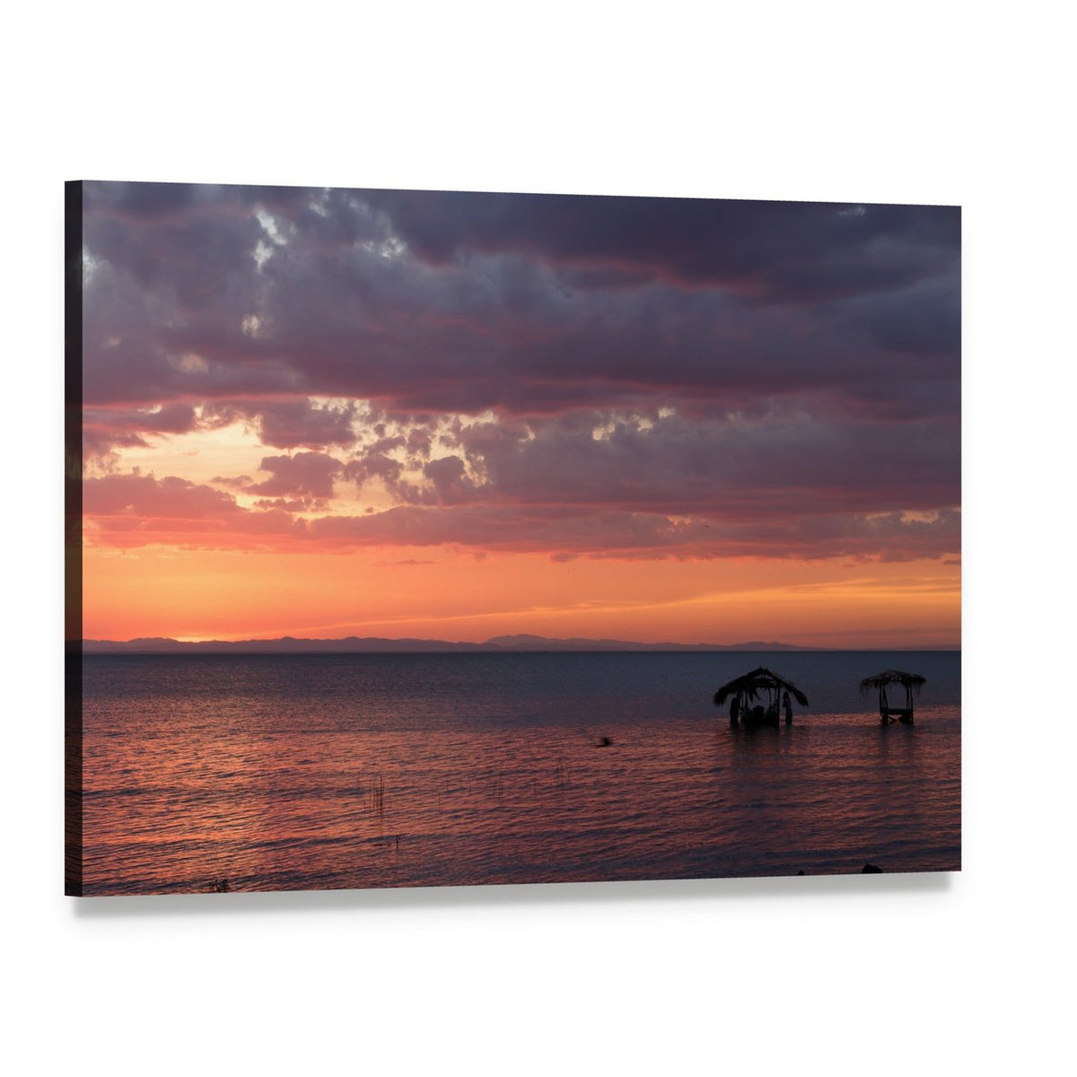 Sunset Over Lake with Stilt Hut Canvas Wall Art, single panel gallery wrapped canvas, angled product view