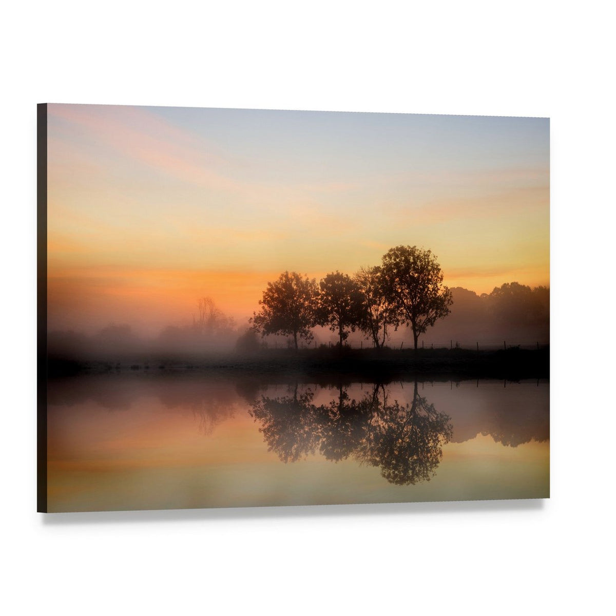 Foggy Autumn Sunrise Over Lake Canvas Wall Art, single panel gallery wrapped canvas, angled product view