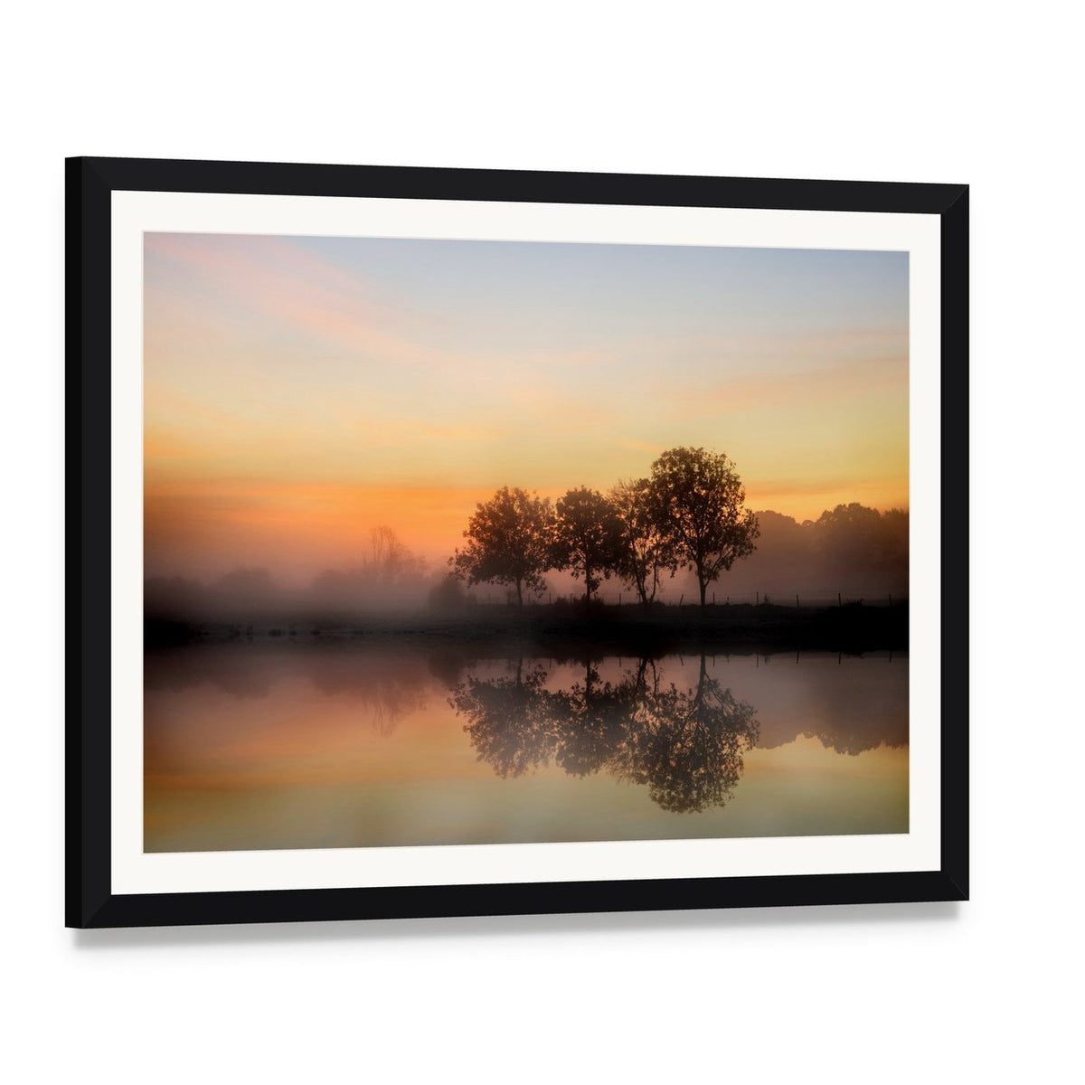 Foggy Autumn Sunrise Over Lake Canvas Wall Art, framed print with white mat and black frame, angled product view