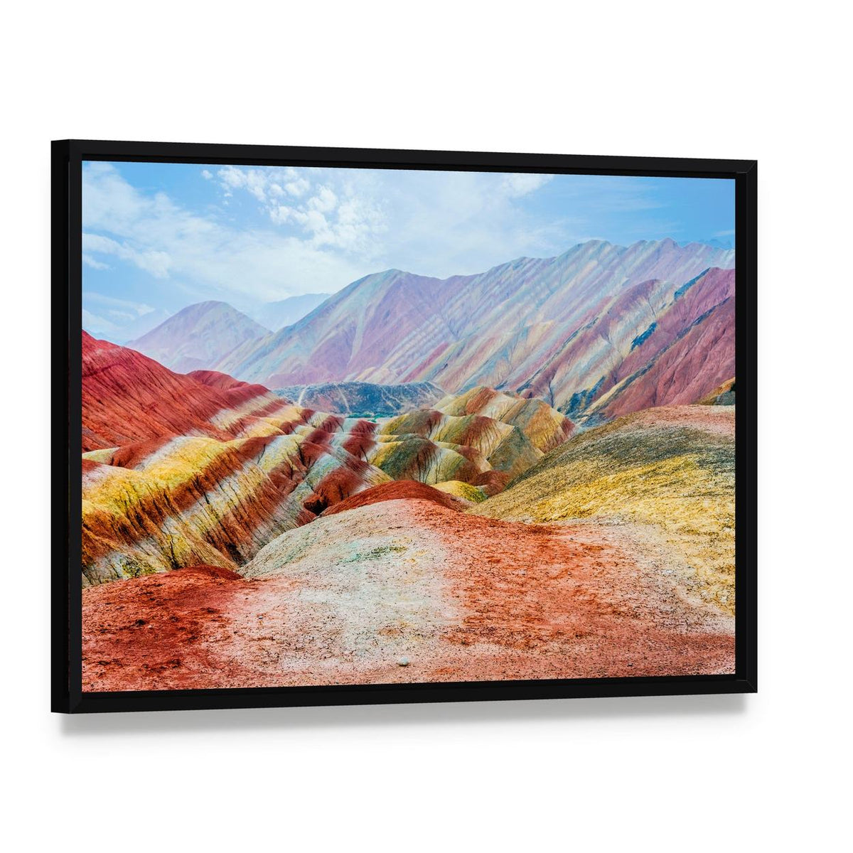 Zhangye Rainbow Mountains Under Daylight Canvas Wall Art, framed canvas in a black floater frame, angled product view