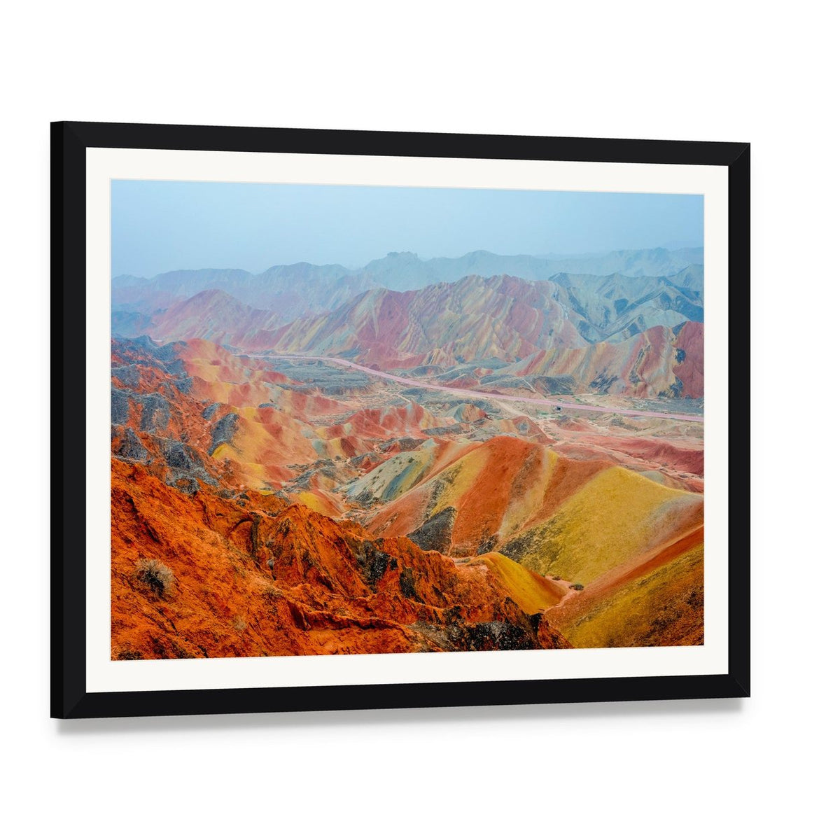 Vibrant Rainbow Mountain Landscape Canvas Wall Art, framed print with white mat and black frame, angled product view