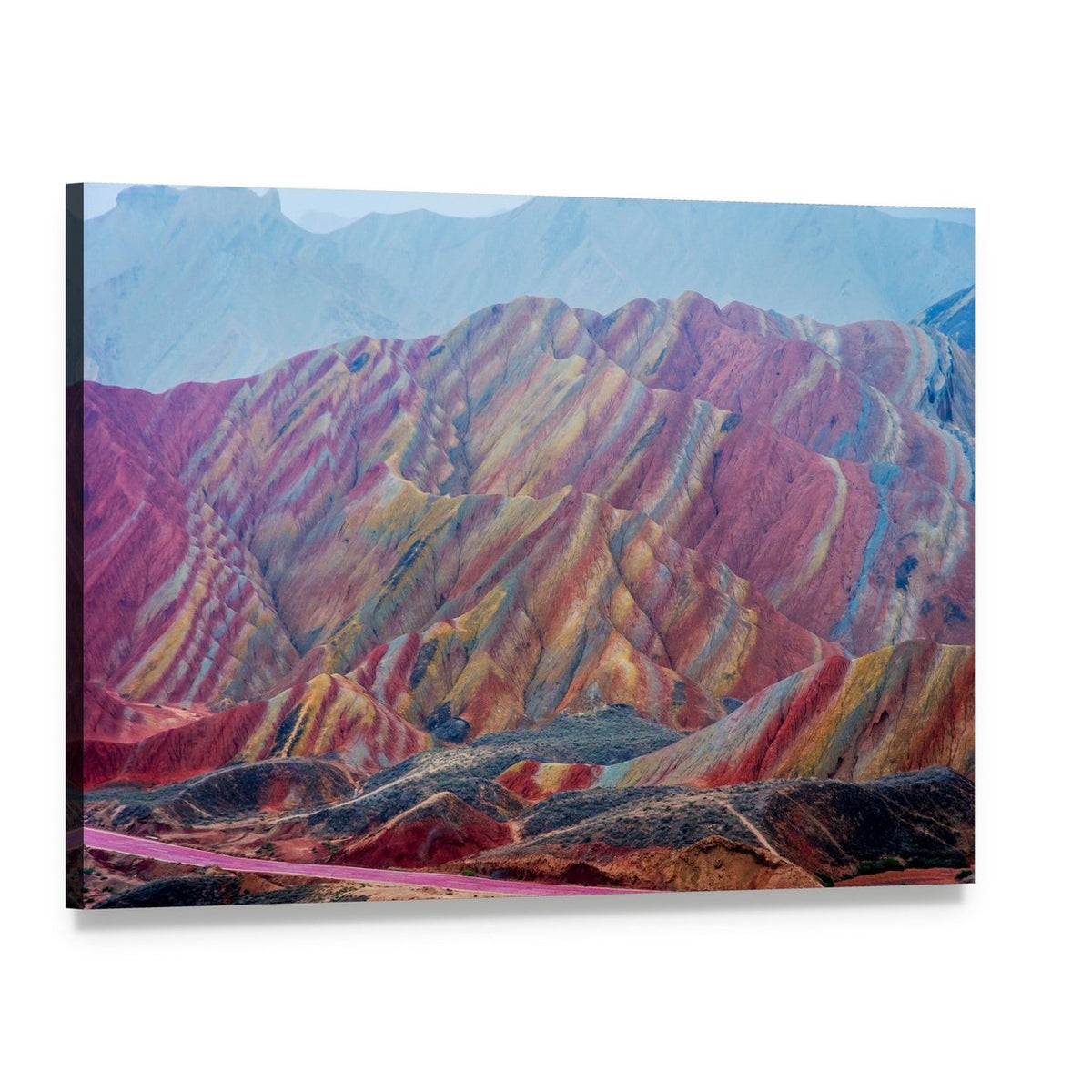 Vibrant Rainbow Mountains of Zhangye Canvas Wall Art, single panel gallery wrapped canvas, angled product view