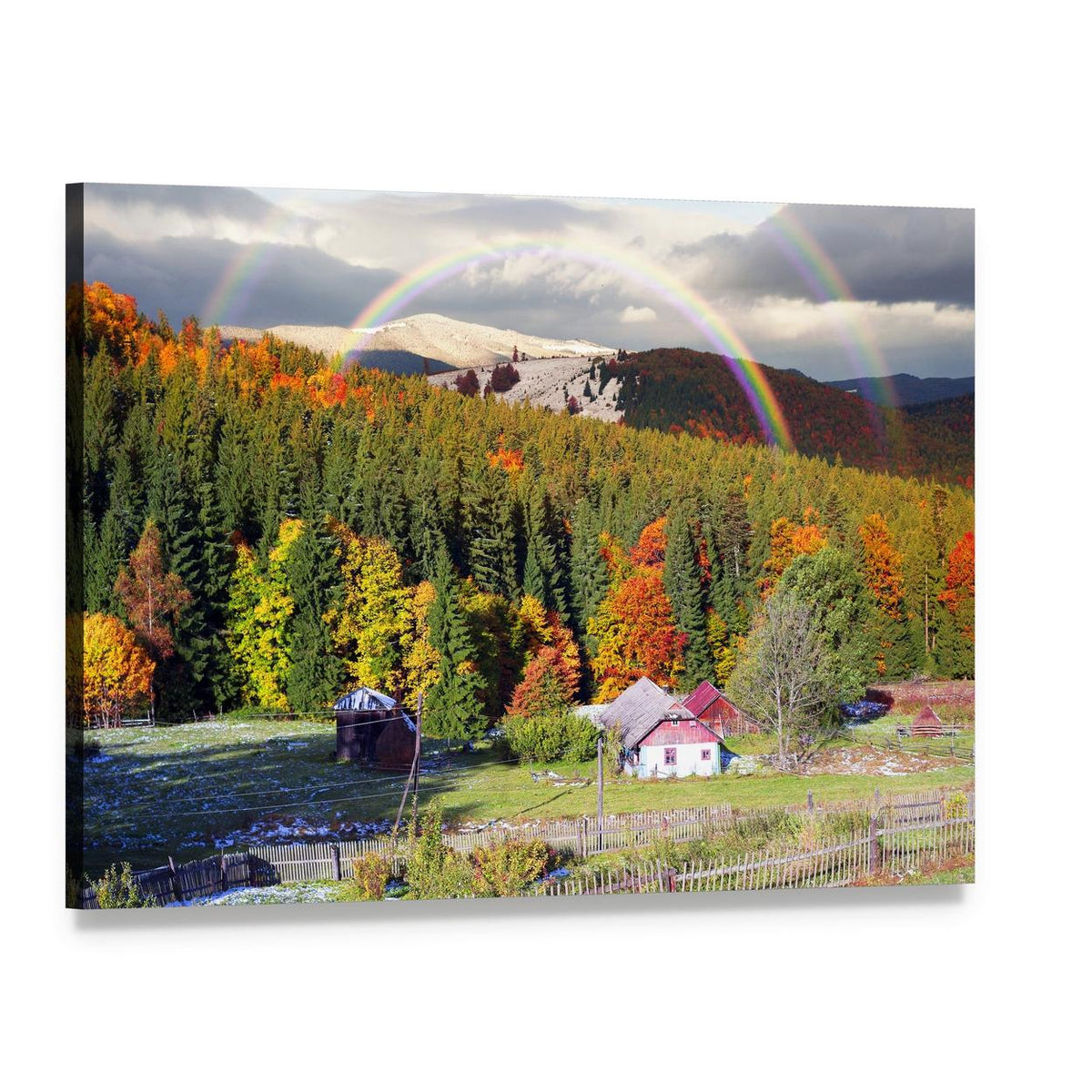 Carpathian Mountain Village with Double Rainbow Canvas Wall Art, single panel gallery wrapped canvas, angled product view