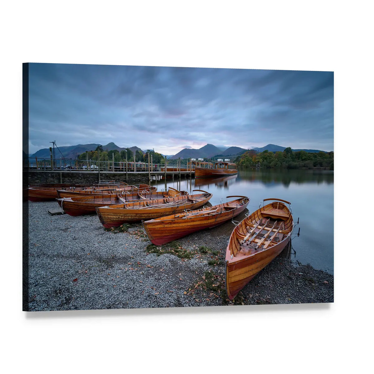 Wooden Rowboats on Pebble Shore at Dusk Canvas Wall Art, single panel gallery wrapped canvas, angled product view