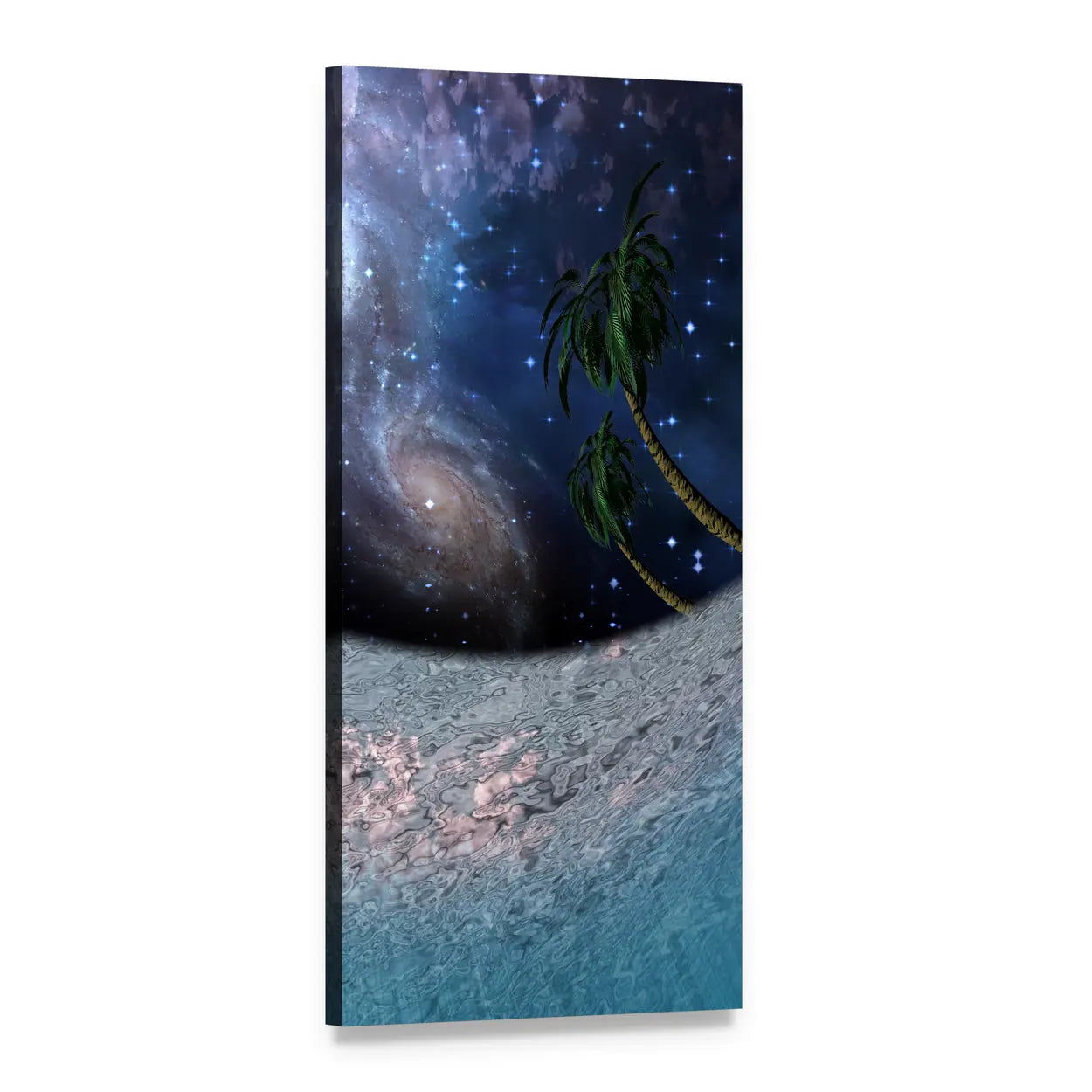 Lunar Shore with Palm Trees Under Galaxy Vertical Canvas Wall Art, 1 panel 1 Vertical layout gallery wrapped canvas set, angled product view