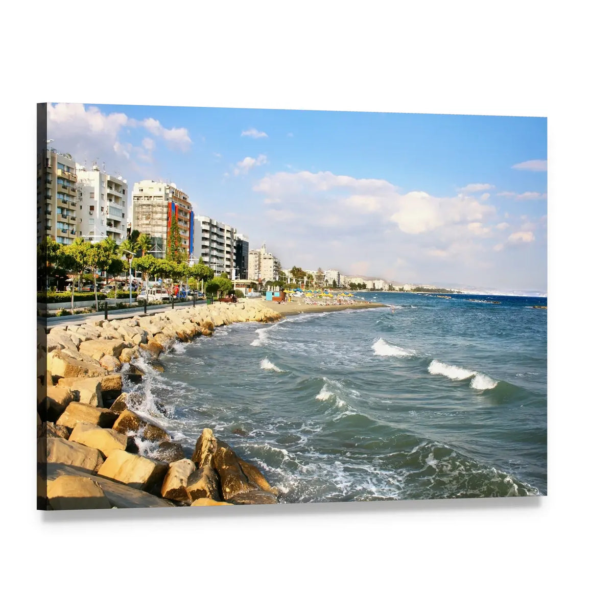 Curved Coastal Shoreline with Palm Trees Canvas Wall Art, single panel gallery wrapped canvas, angled product view
