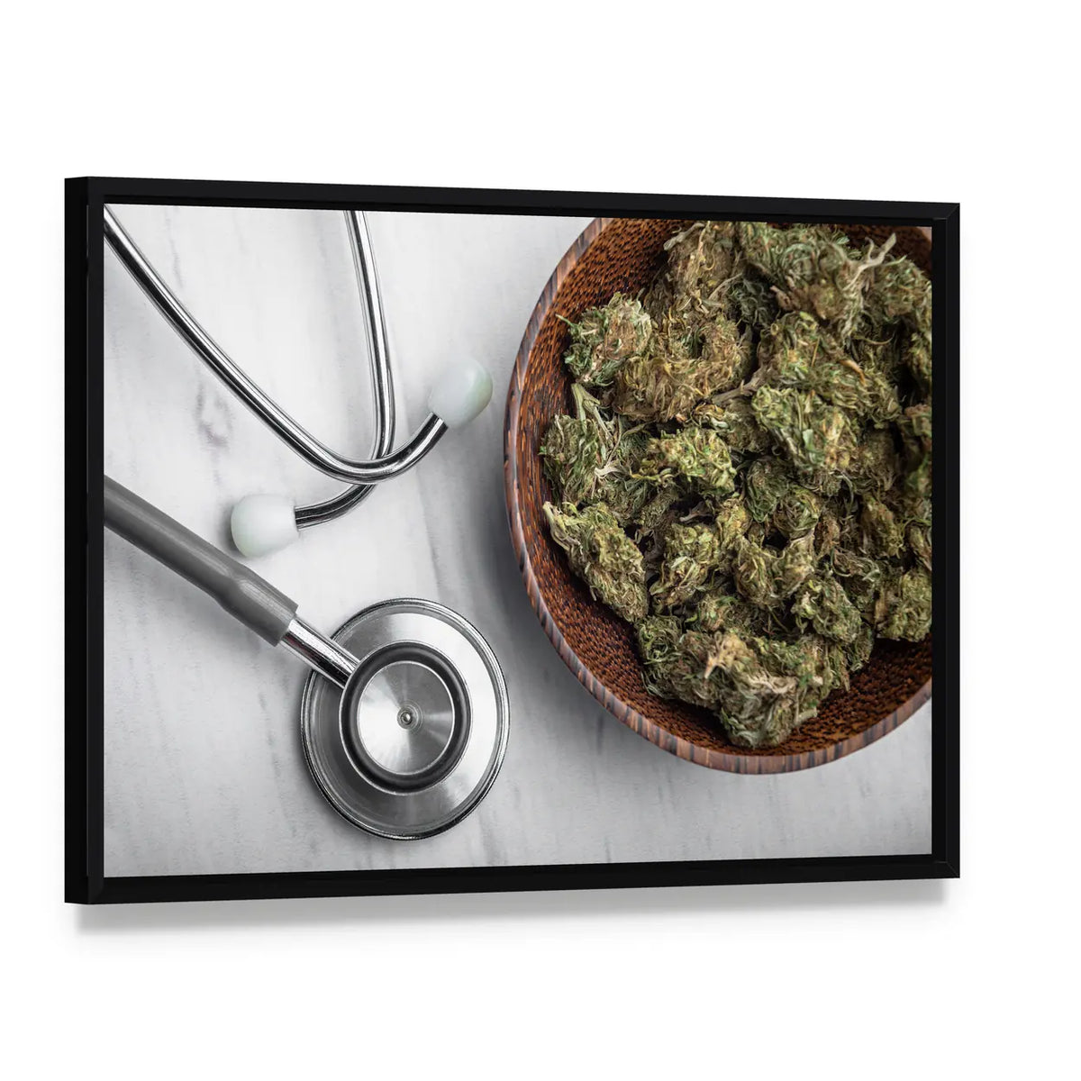 Medical Marijuana Buds with Stethoscope Canvas Wall Art, framed canvas in a black floater frame, angled product view