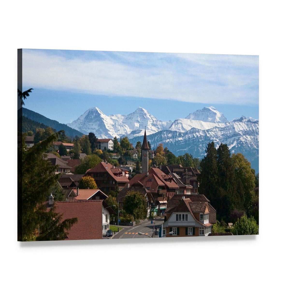 Typical Swiss Village with Snowy Peaks Canvas Wall Art, single panel gallery wrapped canvas, angled product view