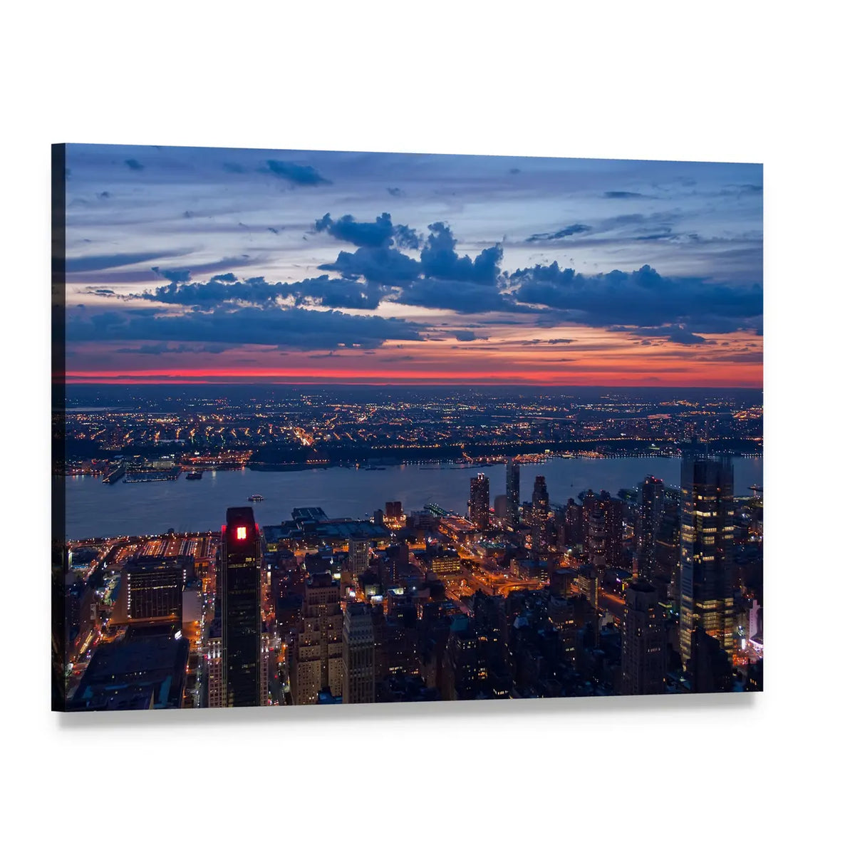 New York & New Jersey Dusk Skyline Canvas Wall Art, single panel gallery wrapped canvas, angled product view