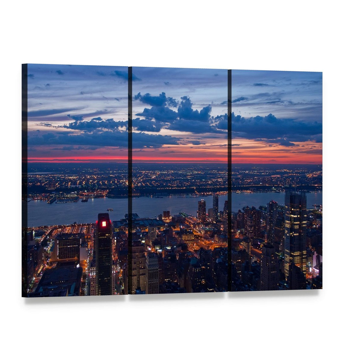 New York City Skyline at Dusk Canvas Wall Art, 3 panel 3 Horizontal layout gallery wrapped canvas set, angled product view