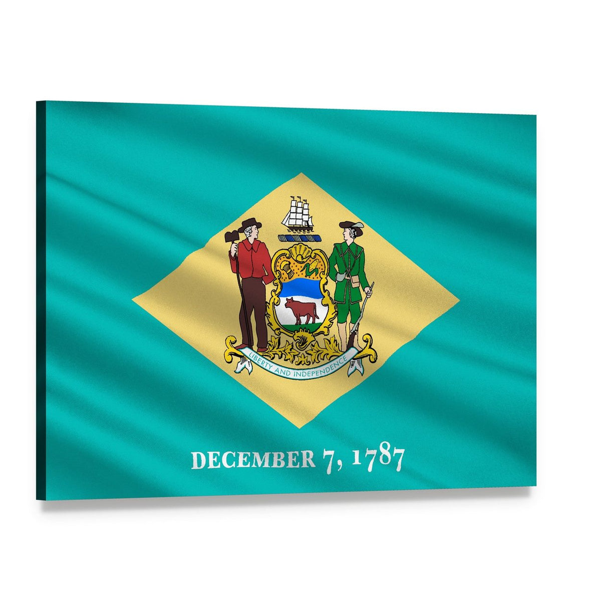 Waving Delaware State Flag with Seal Canvas Wall Art, single panel gallery wrapped canvas, angled product view