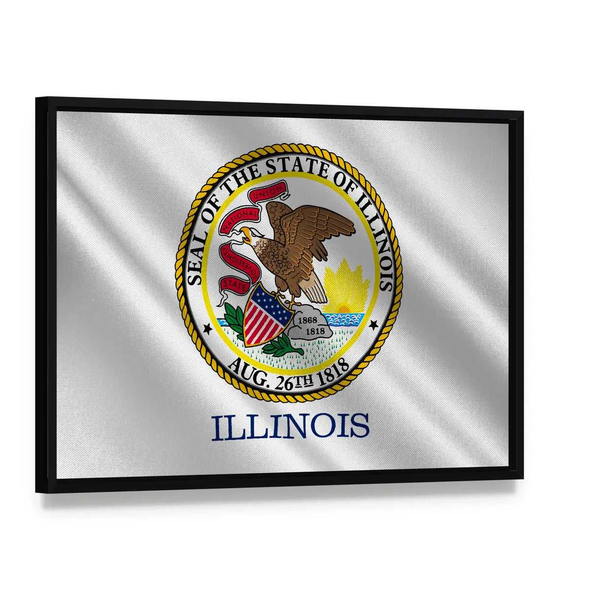 Illinois State Flag and Seal Canvas Wall Art, framed canvas in a black floater frame, angled product view