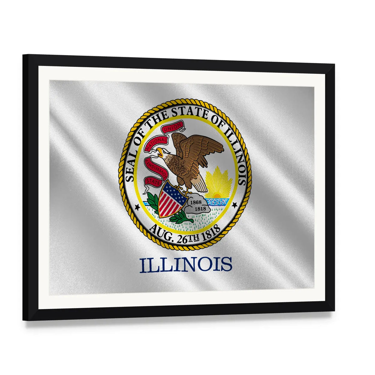 Illinois State Flag and Seal Canvas Wall Art, framed print with white mat and black frame, angled product view