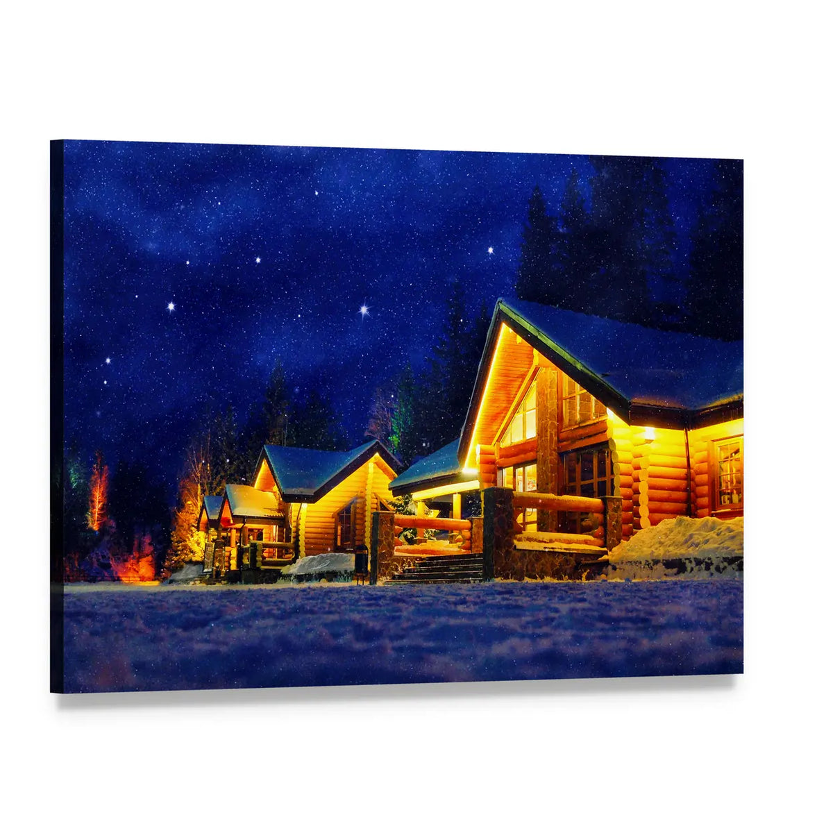 Snowy Cabins on Starry Night Canvas Wall Art, single panel gallery wrapped canvas, angled product view