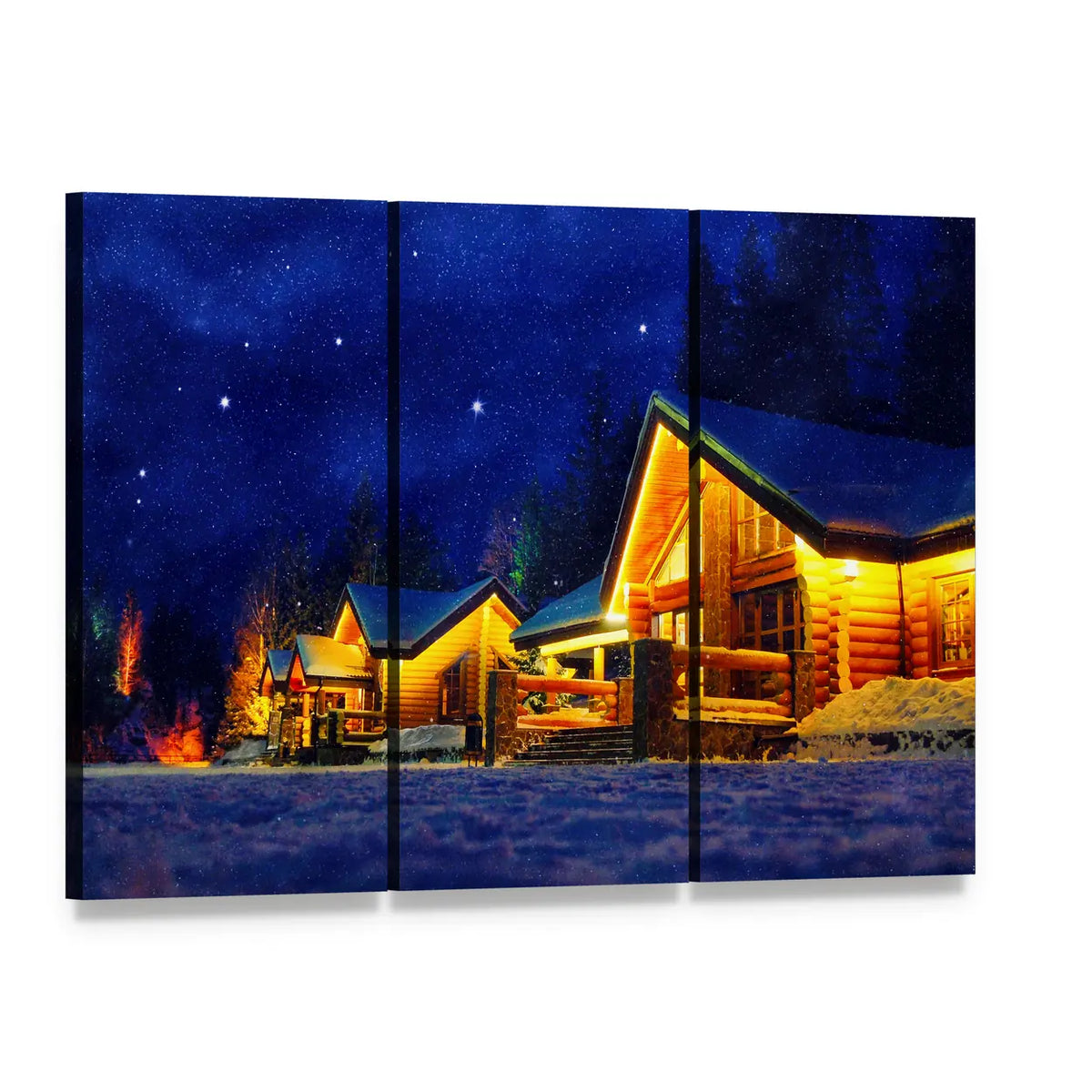 Snowy Cabins on Starry Night Canvas Wall Art, 3 panel 3 Horizontal layout gallery wrapped canvas set, angled product view
