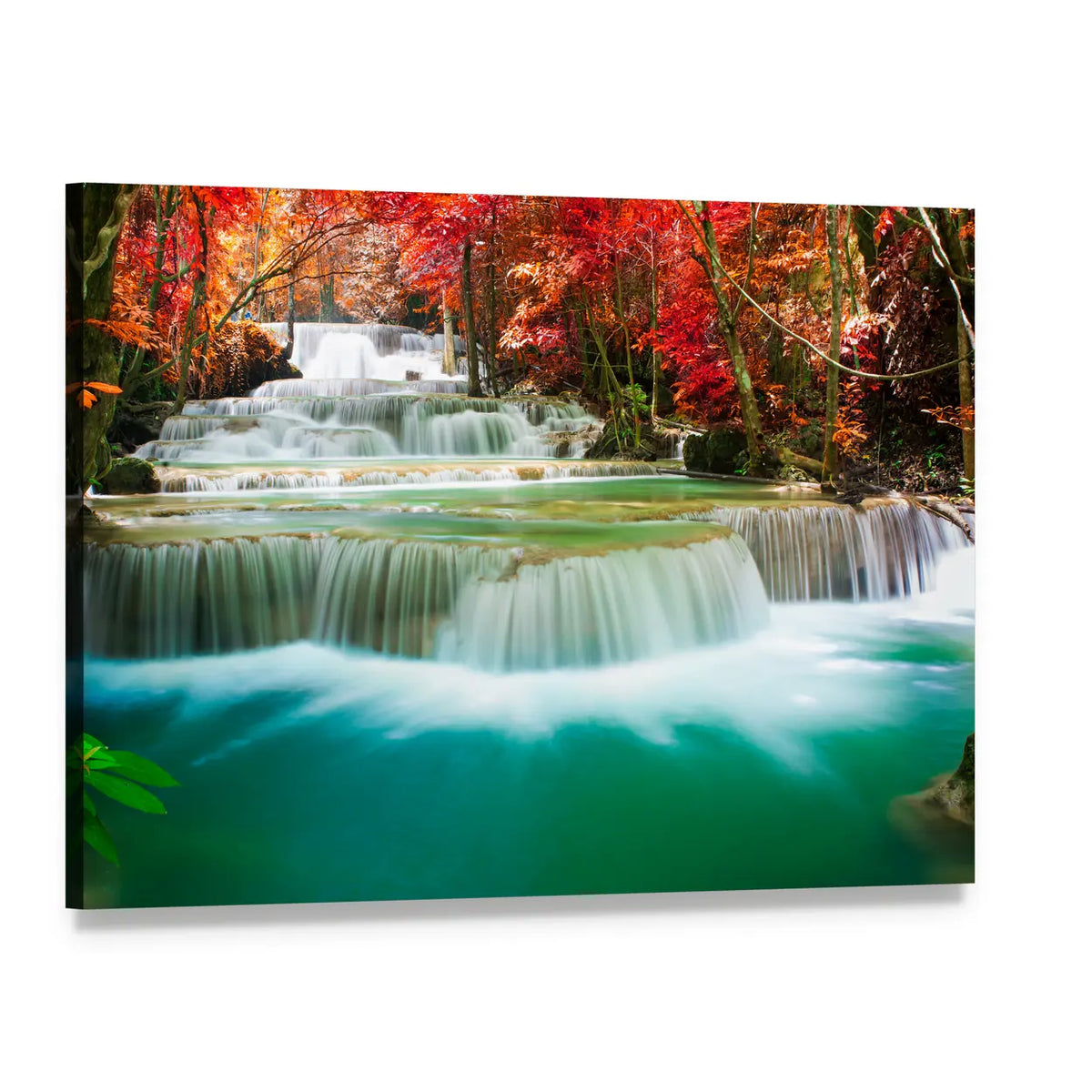 Autumn Forest Waterfall with Turquoise Pool Canvas Wall Art, single panel gallery wrapped canvas, angled product view