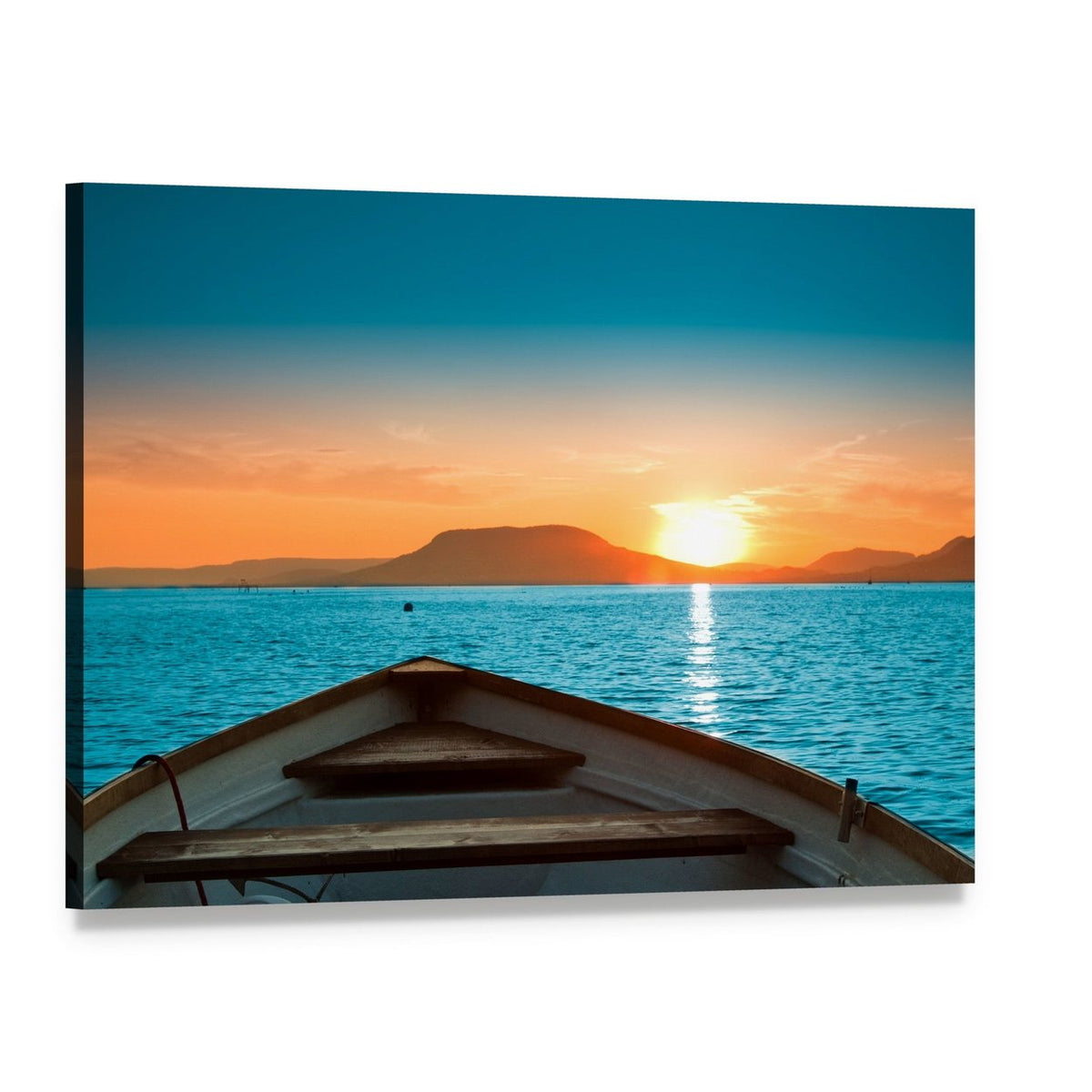 Bow of Boat at Mountain Sunset Canvas Wall Art, single panel gallery wrapped canvas, angled product view