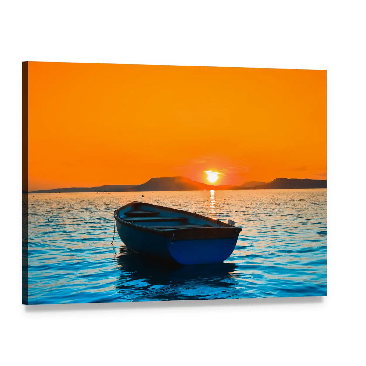 Small Blue Fishing Boat at Sunset Canvas Wall Art, single panel gallery wrapped canvas, angled product view