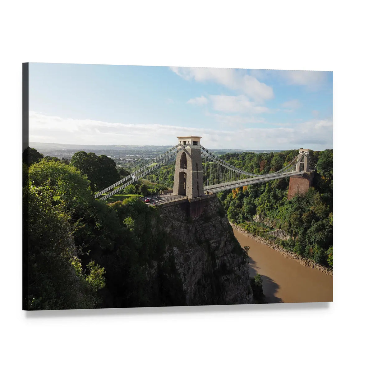 Suspension Bridge Over River Gorge Canvas Wall Art, single panel gallery wrapped canvas, angled product view