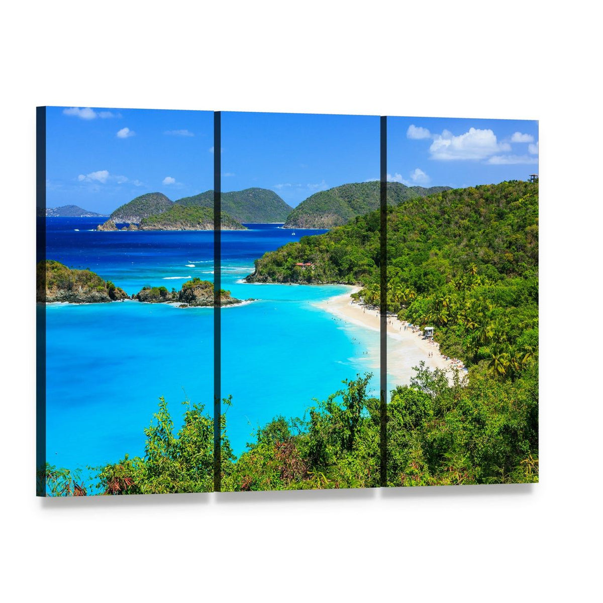Trunk Bay, St John Beach Canvas Wall Art, 3 panel 3 Horizontal layout gallery wrapped canvas set, angled product view