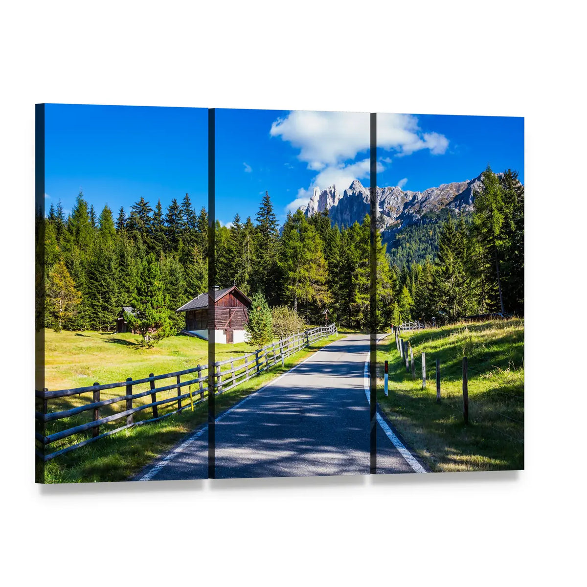 Winding Road to Snow-capped Peaks Canvas Wall Art, 3 panel 3 Horizontal layout gallery wrapped canvas set, angled product view