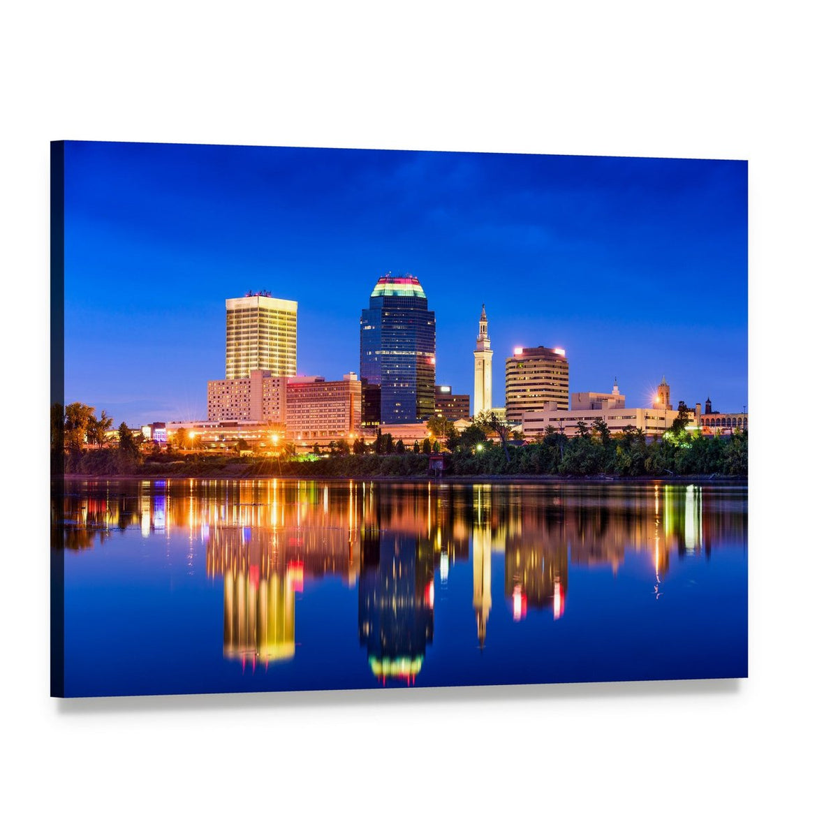 Springfield Night Skyline with Water Reflection Canvas Wall Art, single panel gallery wrapped canvas, angled product view