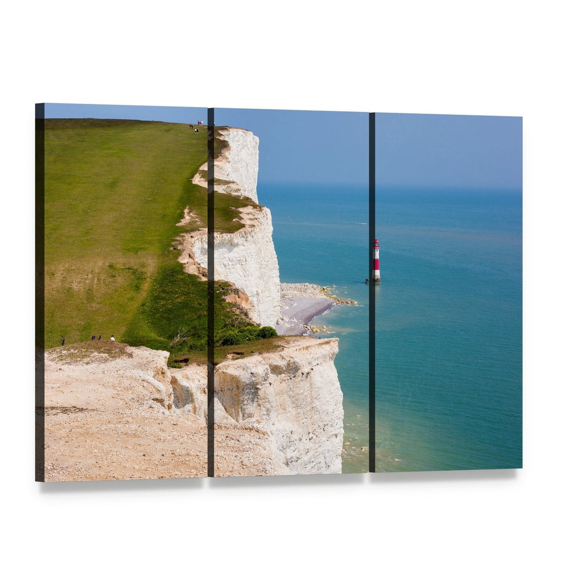 Red and White Striped Lighthouse on Chalk Cliffs Canvas Wall Art, 3 panel 3 Horizontal layout gallery wrapped canvas set, angled product view