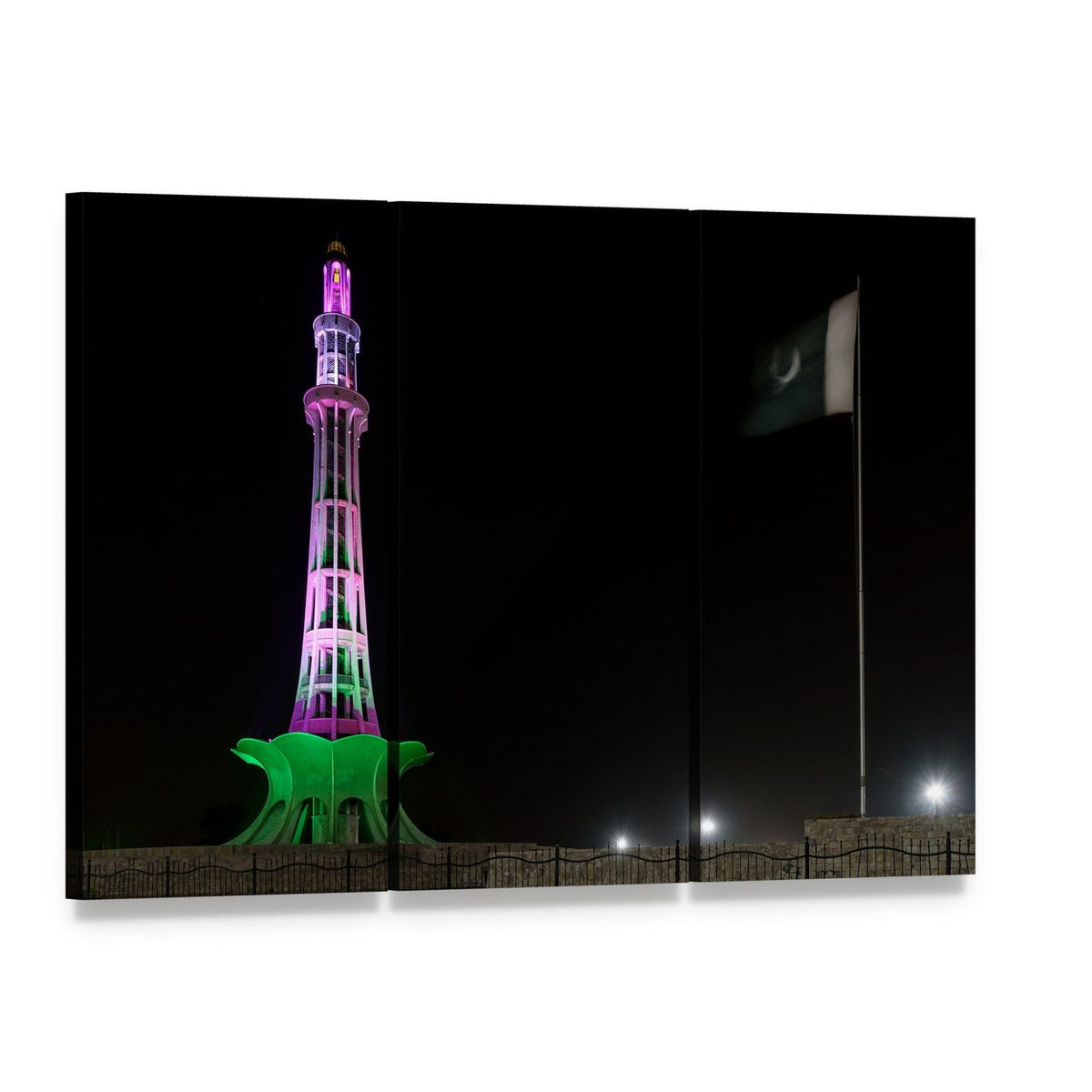Minar-e-pakistan Illuminated at Night Canvas Wall Art, 3 panel 3 Horizontal layout gallery wrapped canvas set, angled product view