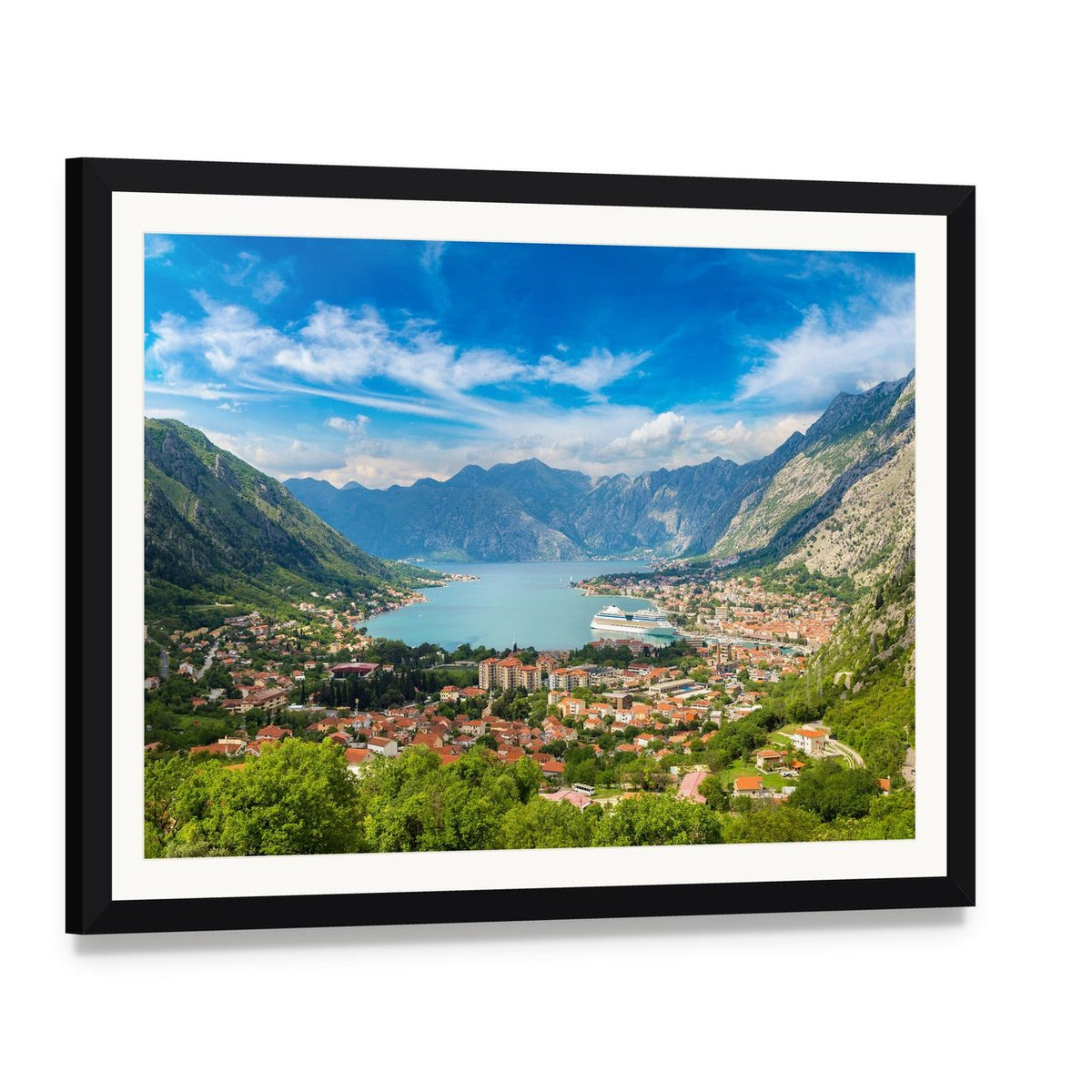 Kotor Bay View, Montenegro Canvas Wall Art, framed print with white mat and black frame, angled product view