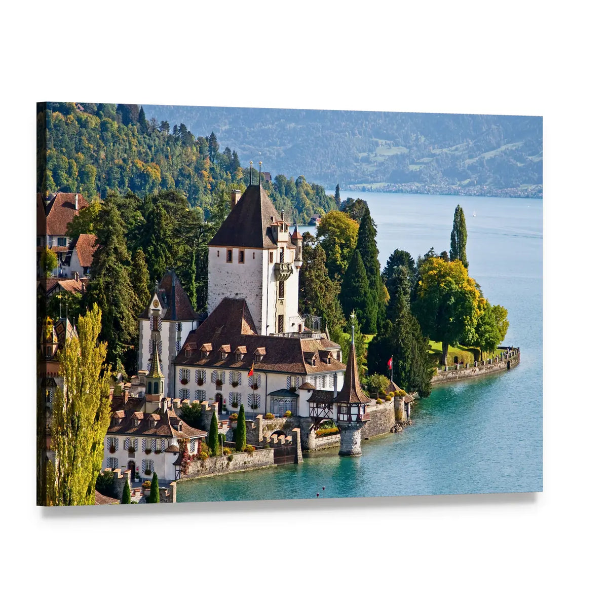 Oberhofen Castle on Turquoise Lake Canvas Wall Art, single panel gallery wrapped canvas, angled product view