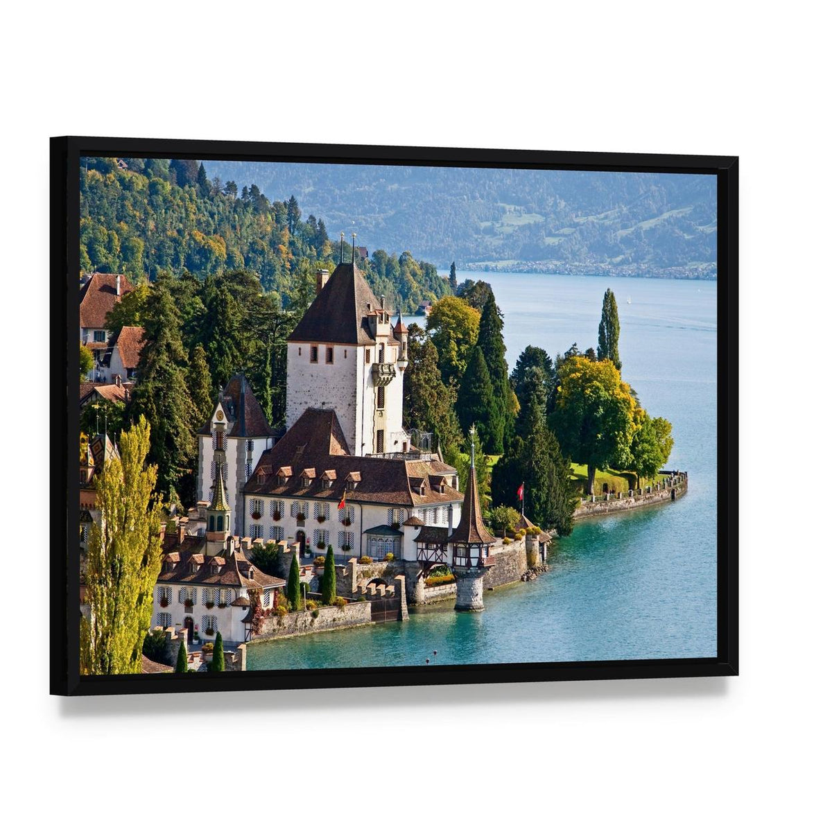 Oberhofen Castle Switzerland Canvas Wall Art, framed canvas in a black floater frame, angled product view