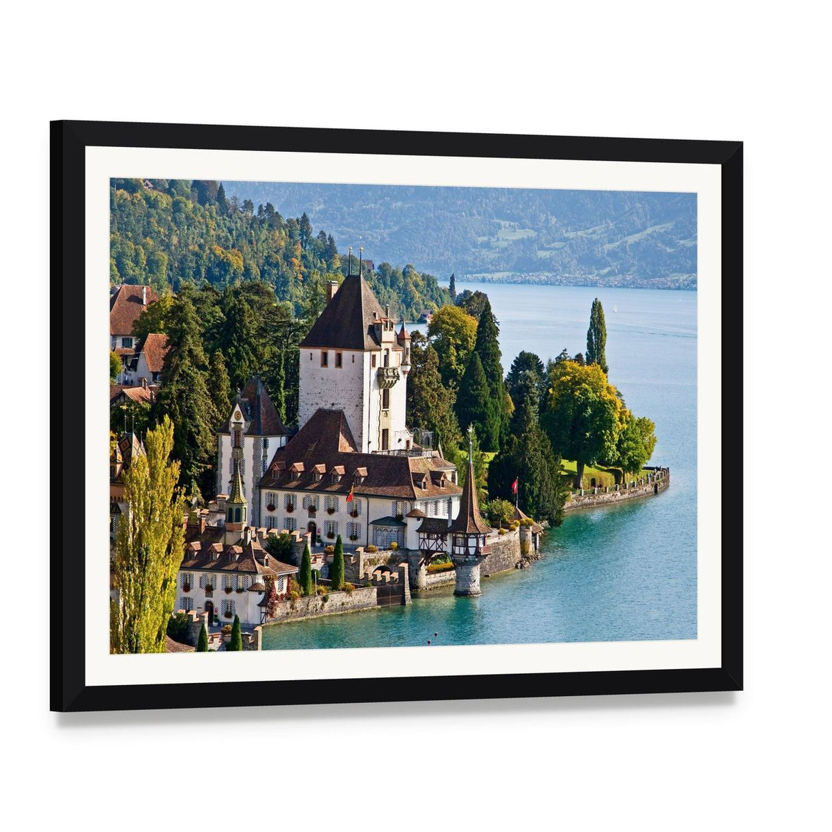 Oberhofen Castle Switzerland Canvas Wall Art, framed print with white mat and black frame, angled product view