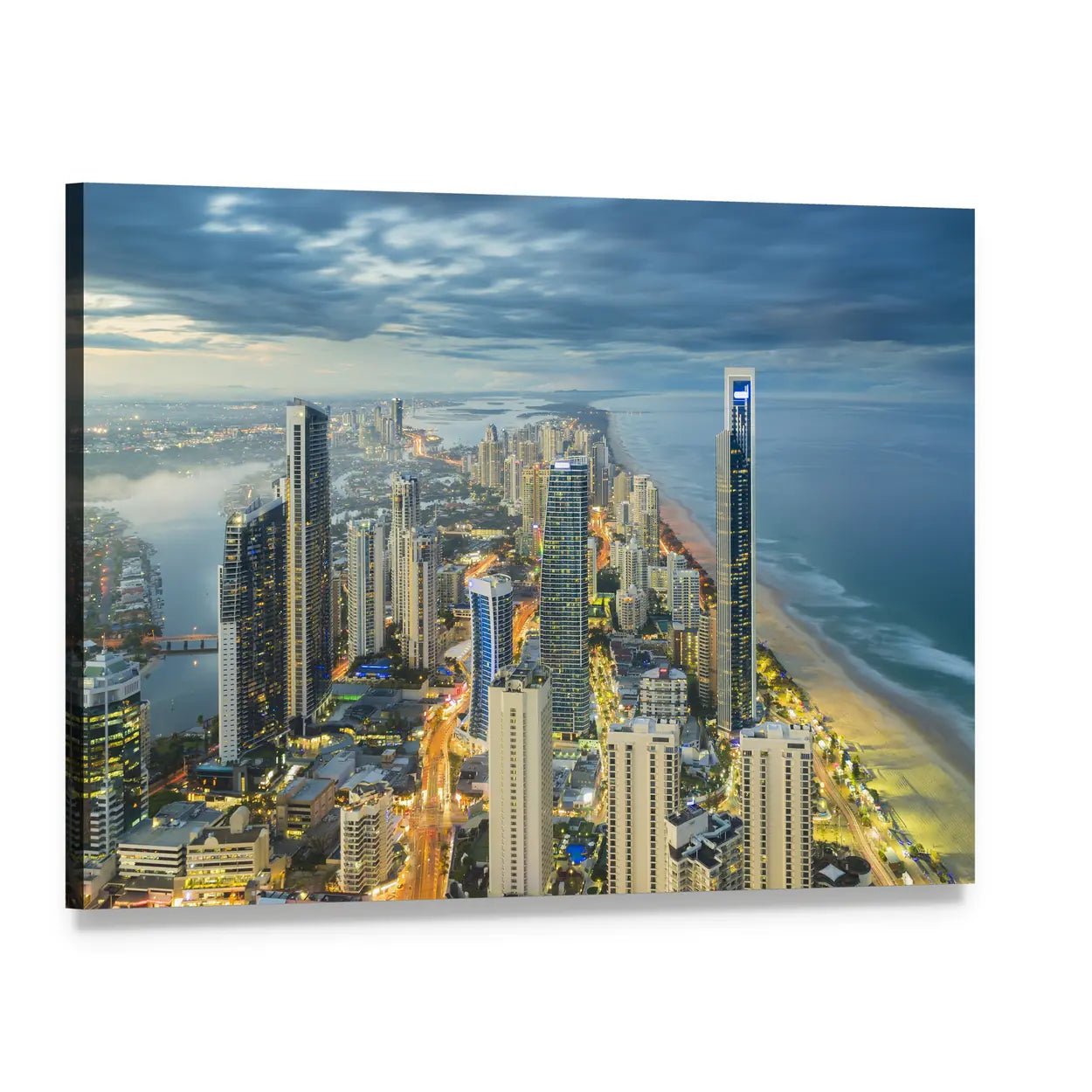 Coastal City Skyline at Dusk Canvas Wall Art, single panel gallery wrapped canvas, angled product view