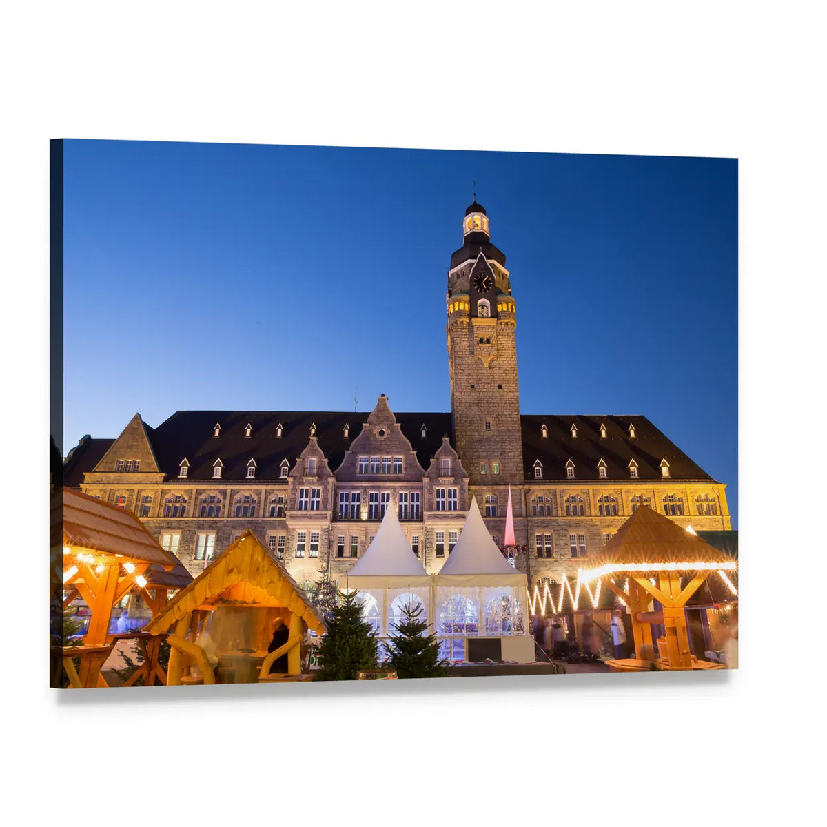 Remscheid Town Hall Christmas Market at Night Canvas Wall Art, single panel gallery wrapped canvas, angled product view