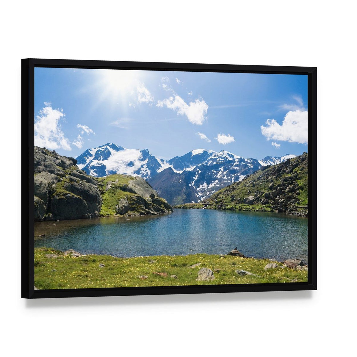 Black Lake Italy Canvas Wall Art, framed canvas in a black floater frame, angled product view