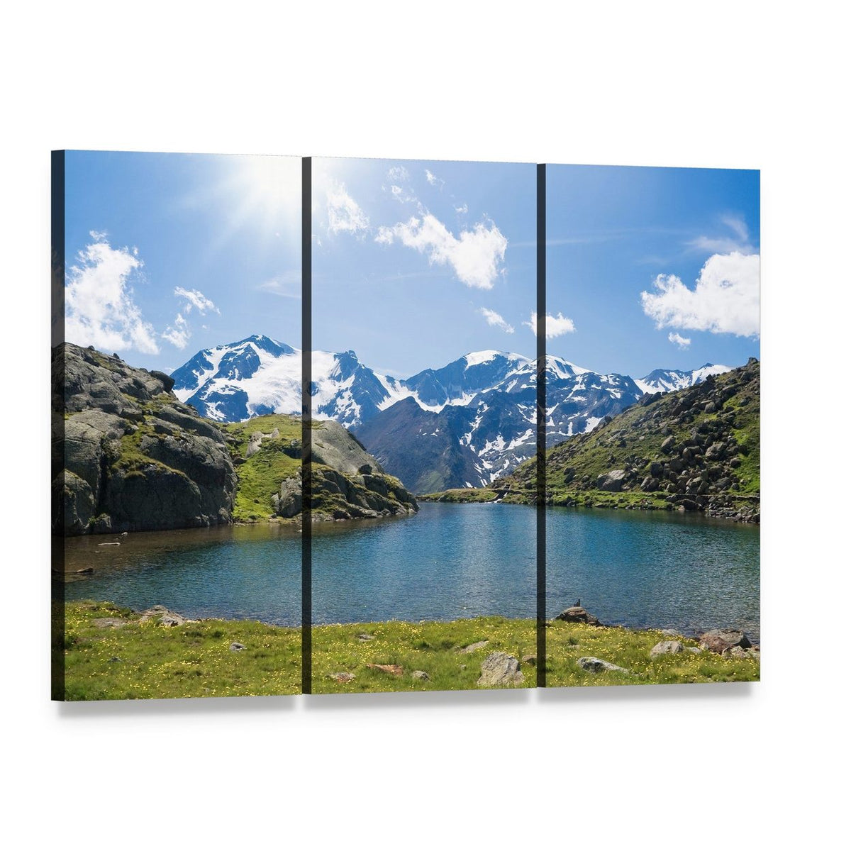 Black Lake Italy Canvas Wall Art, 3 panel 3 Horizontal layout gallery wrapped canvas set, angled product view